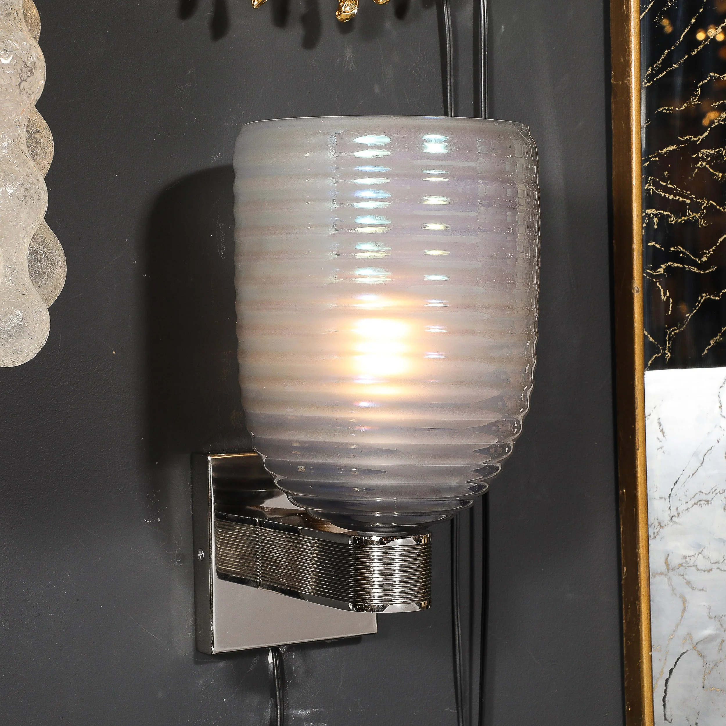 Modernist Hand-Blown Smoked Cerulean Hive Murano Glass & Nickel Fitted Sconces - High Style Deco 10.jpg
