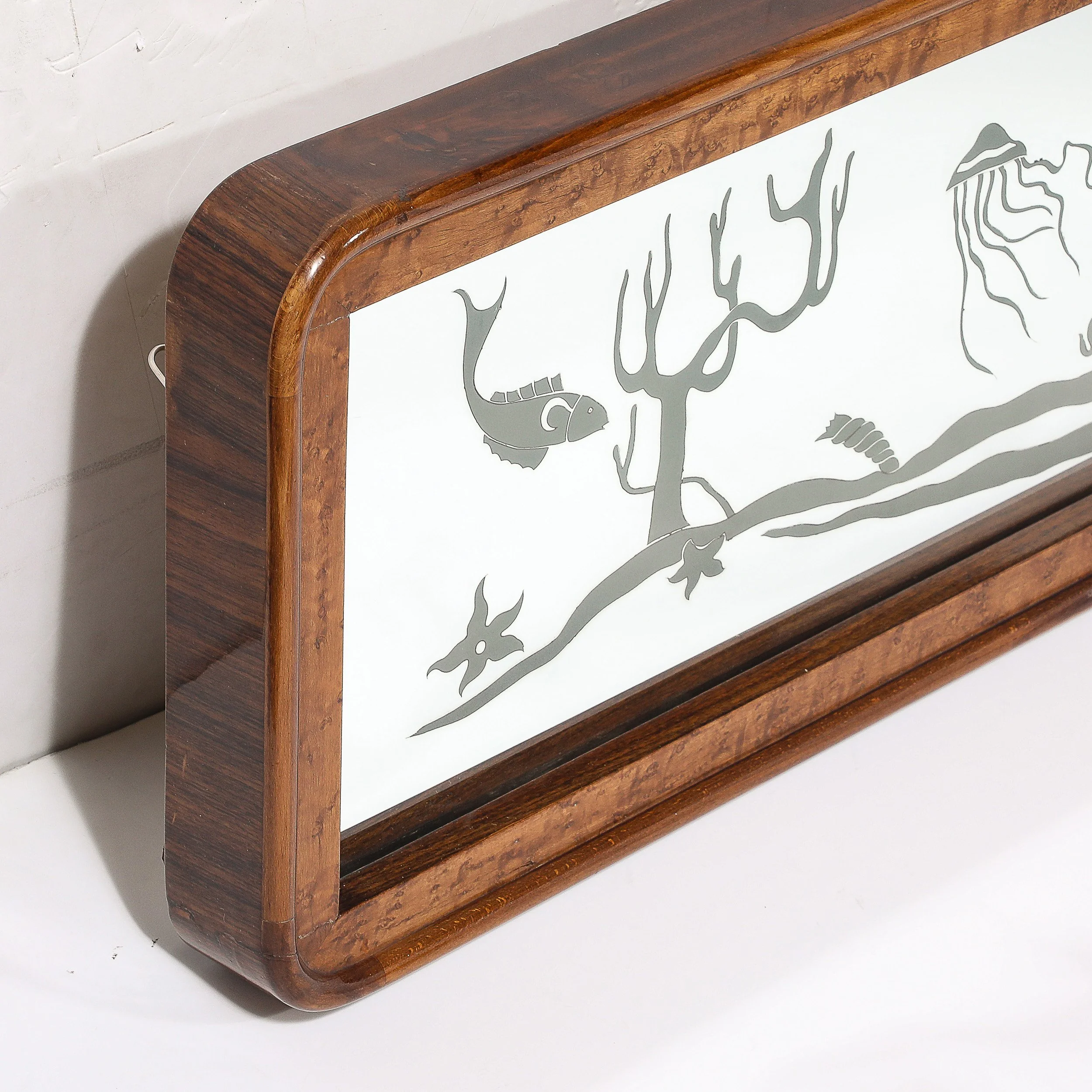 Mid-Century Burled Walnut Bordered Mirror W: Graphic Acid Etched Oceanic Motif - High Style Deco 8.jpg