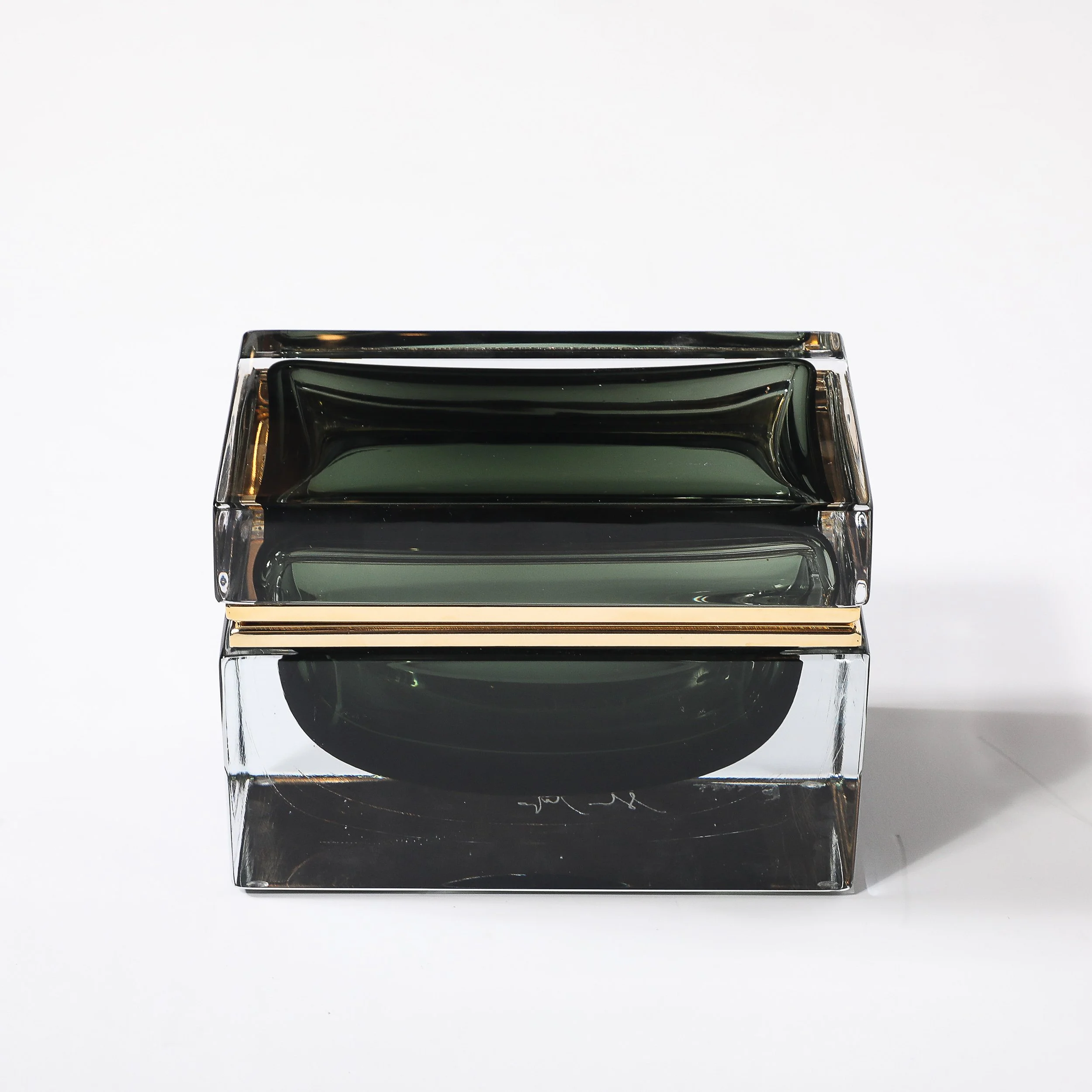 Modernist Handblown Murano Glass Box in Forrest Green w: Polished Brass Fittings - High Style Deco 4.jpg
