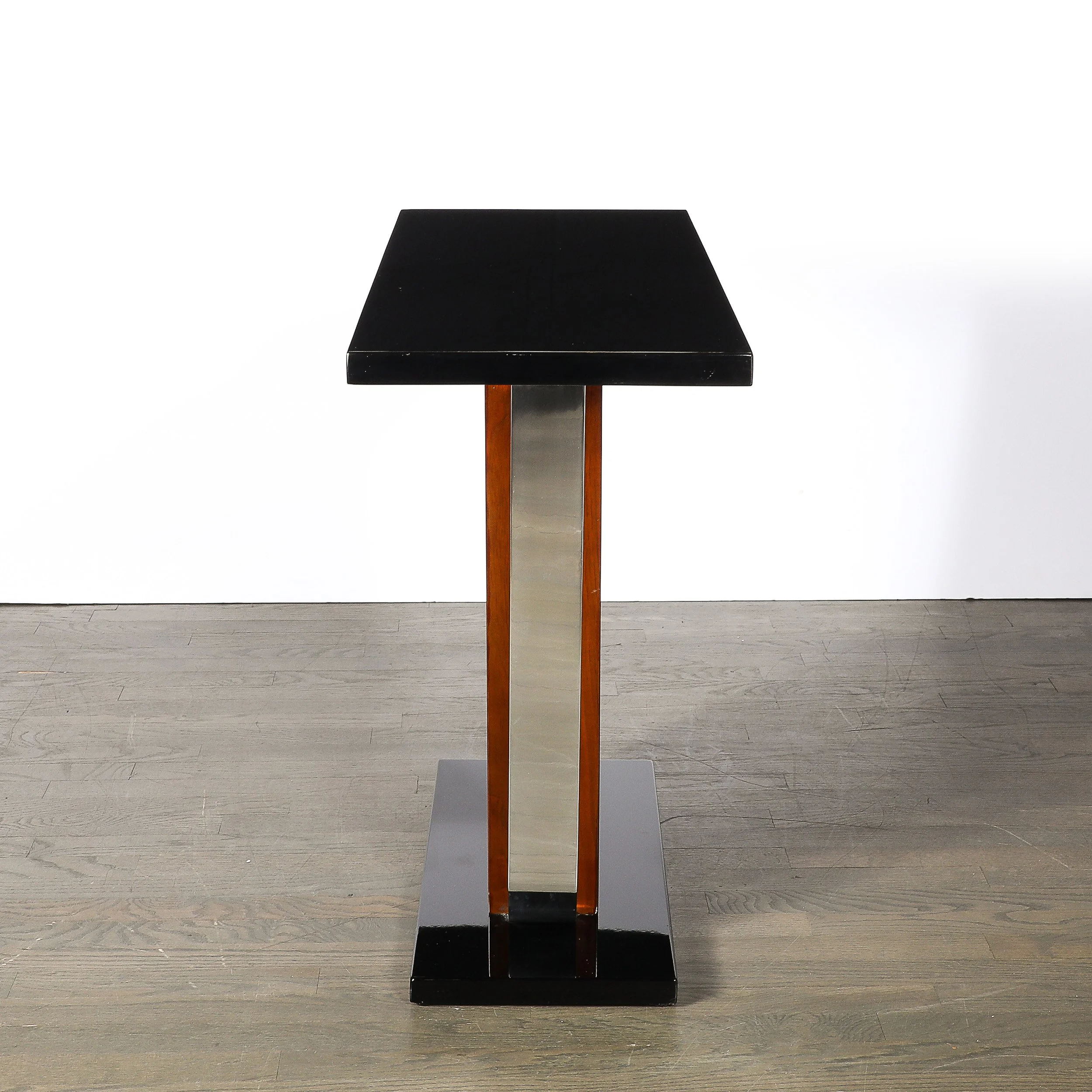 Art Deco Machine Age Console Table in Walnut, Lacquer & Banded Aluminum Supports - High Style Deco 11.jpg