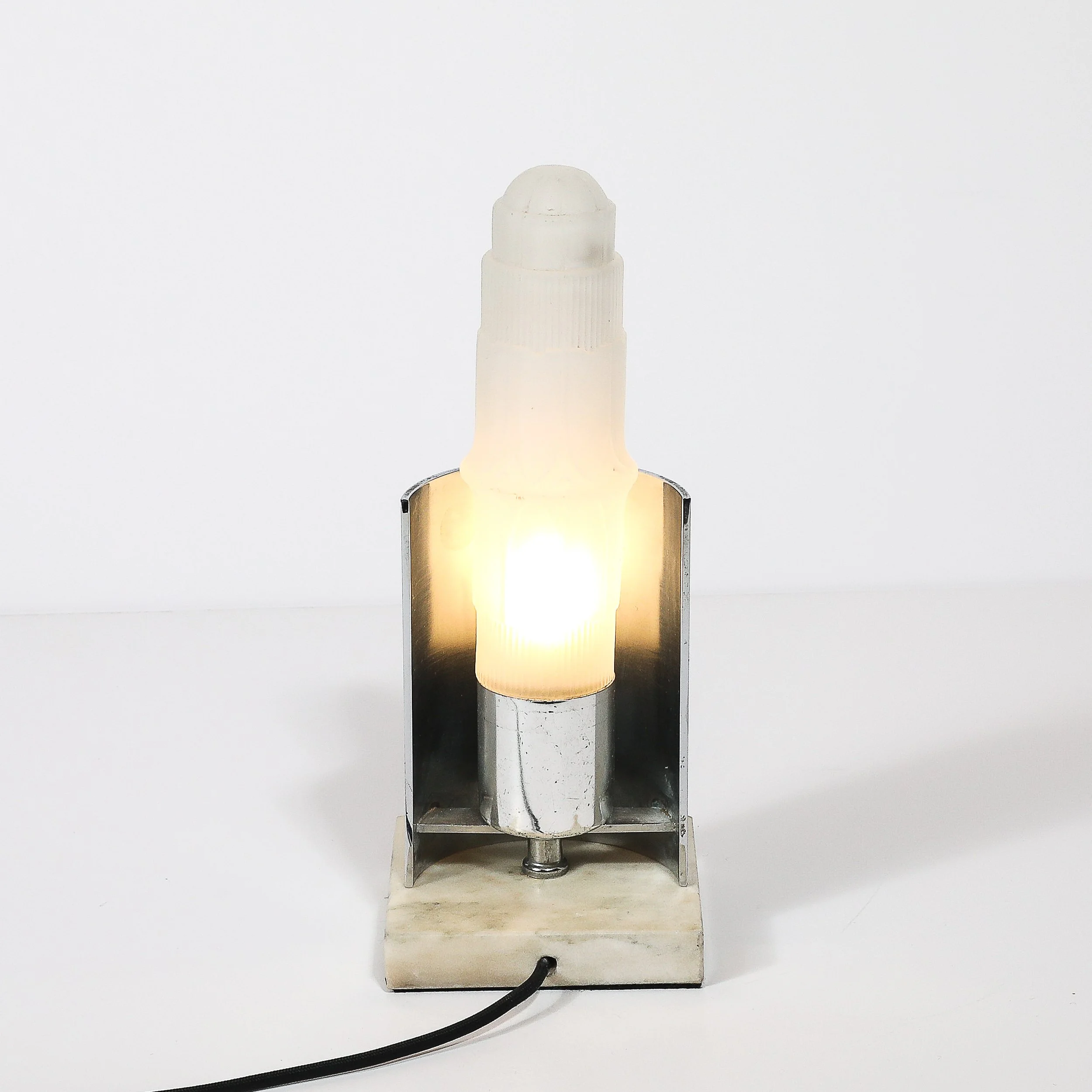 Art Deco Table Lamp in Frosted Glass w: Polished Chrome Diffuser on Marble Base - High Style Deco 13.jpg