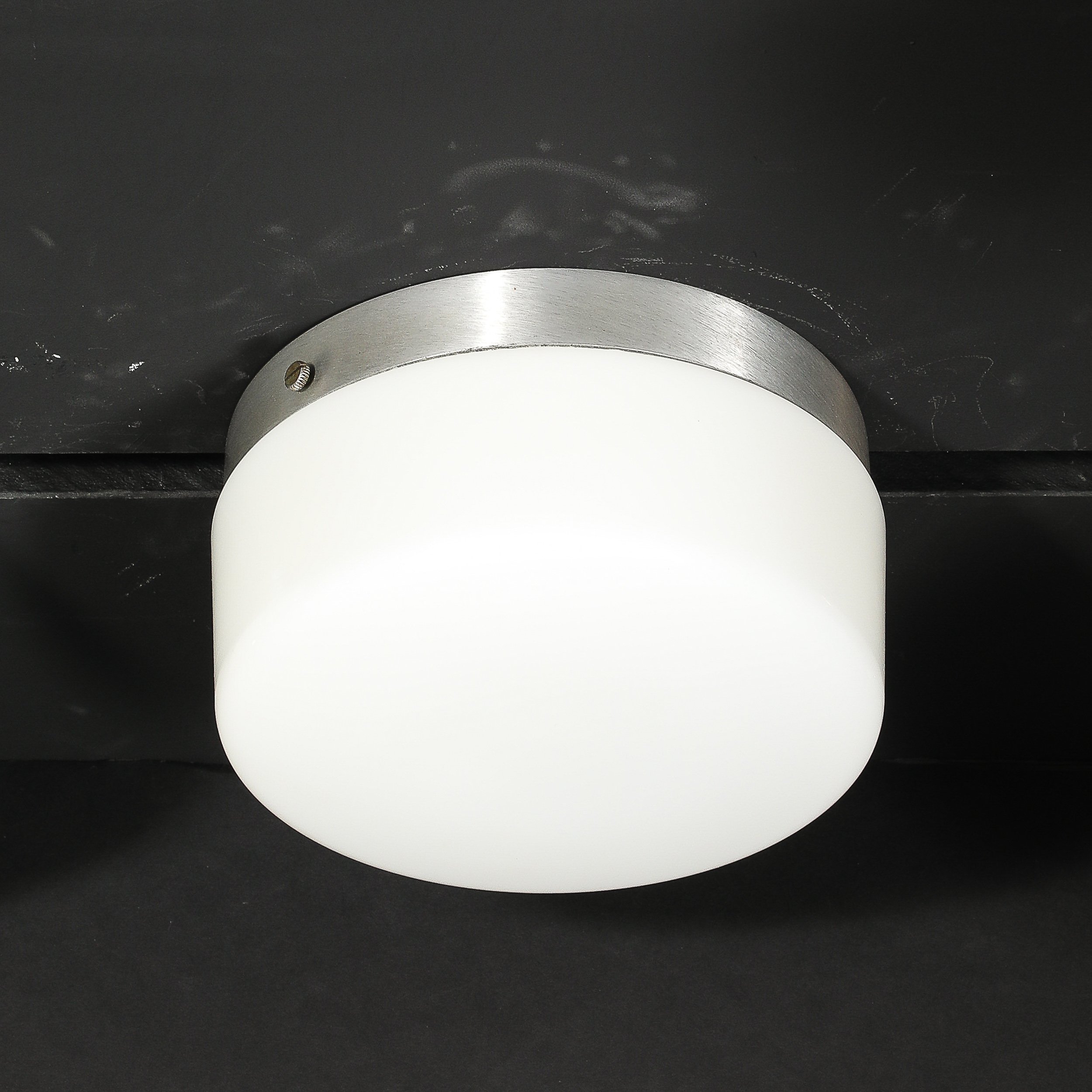 Pair of Mid-Century Cylindrical Milk Glass Flush Mounts w: Brushed Aluminum - High Style Deco 10.jpg