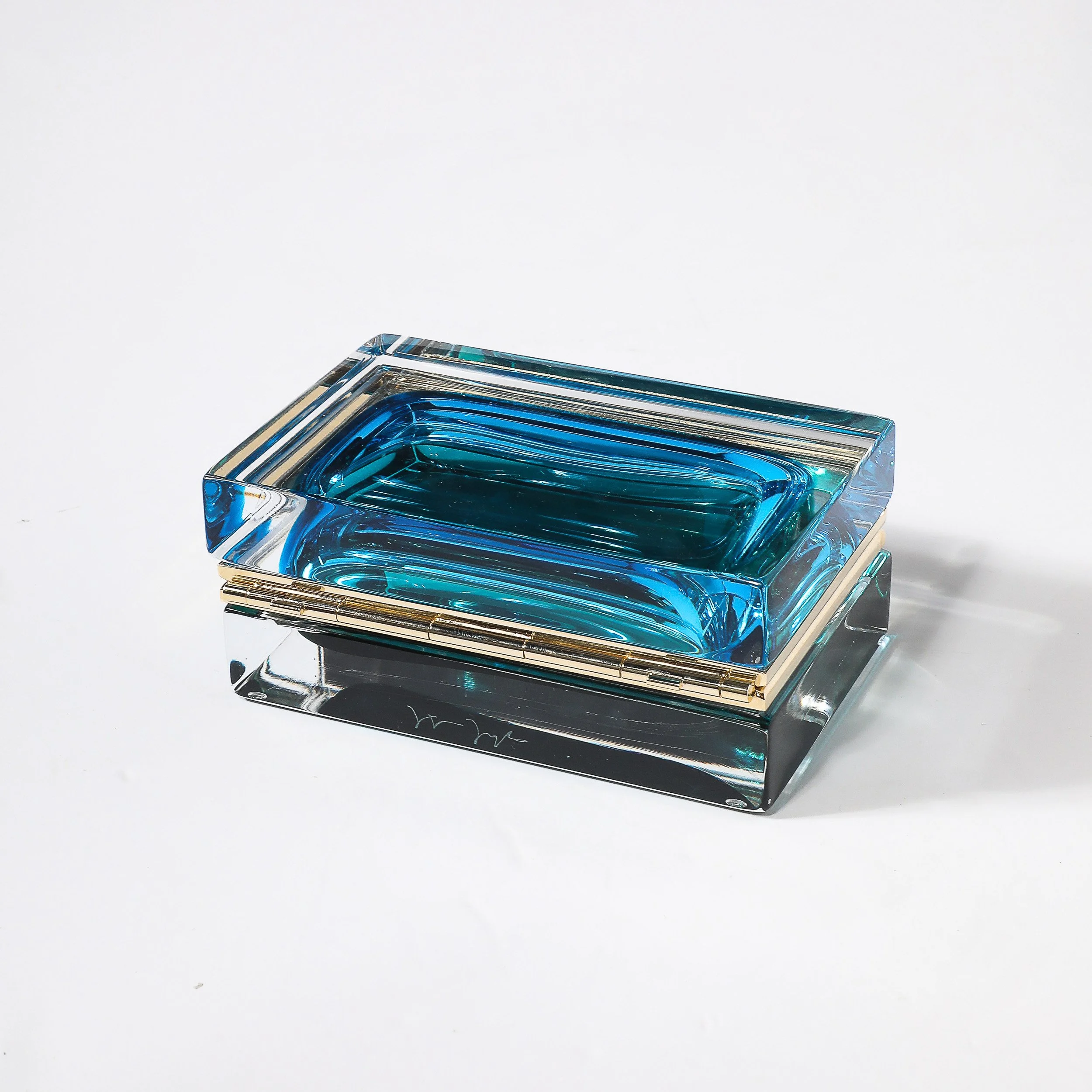 Modernist Hand-Blown Murano Glass Box in Ultramarine & Phthalo w: Polished Brass - High Style Deco 7.jpg
