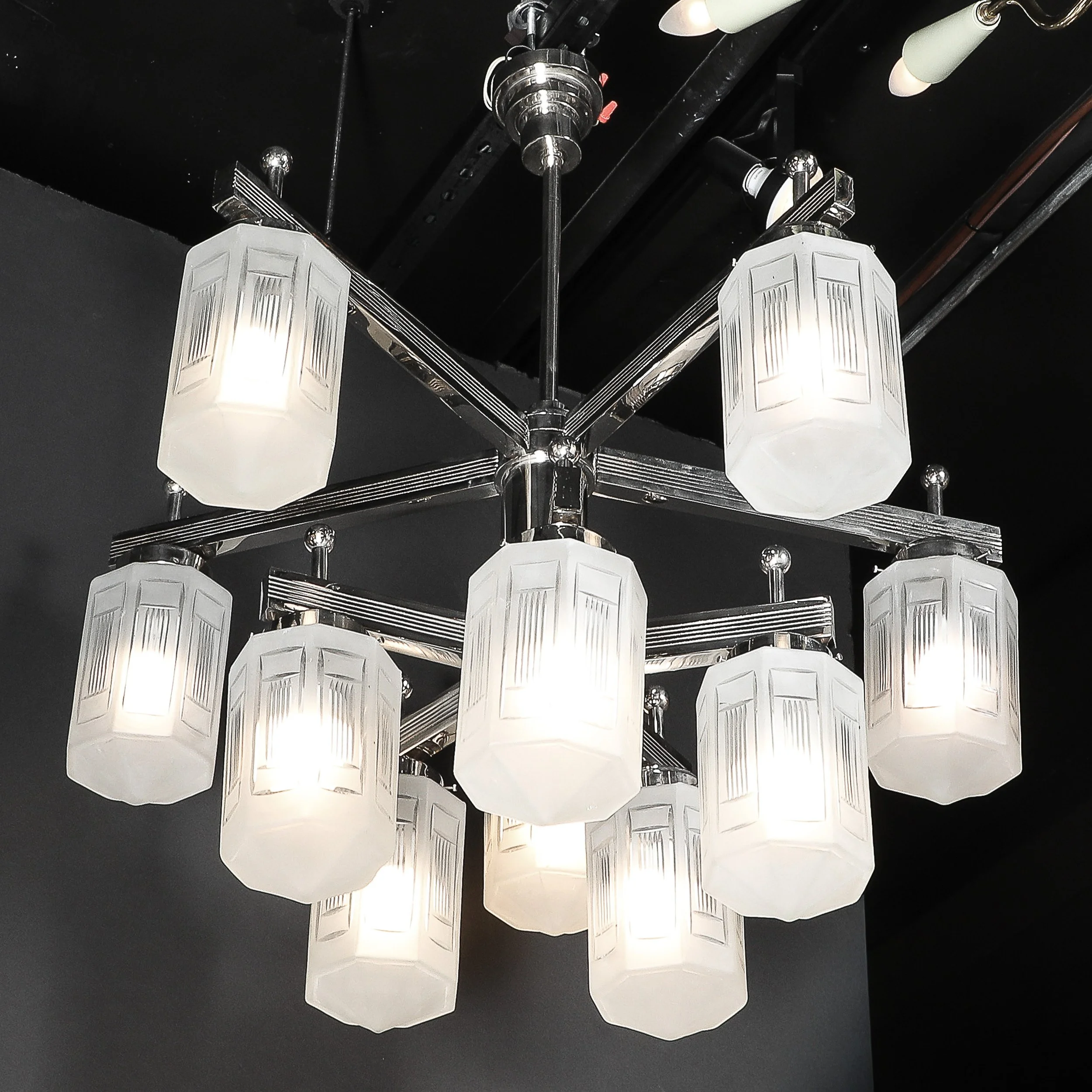Art Deco Style 10 Arm Frosted & Etched Glass Chandelier w: Polished Nickel Frame - High Style Deco 13.jpg