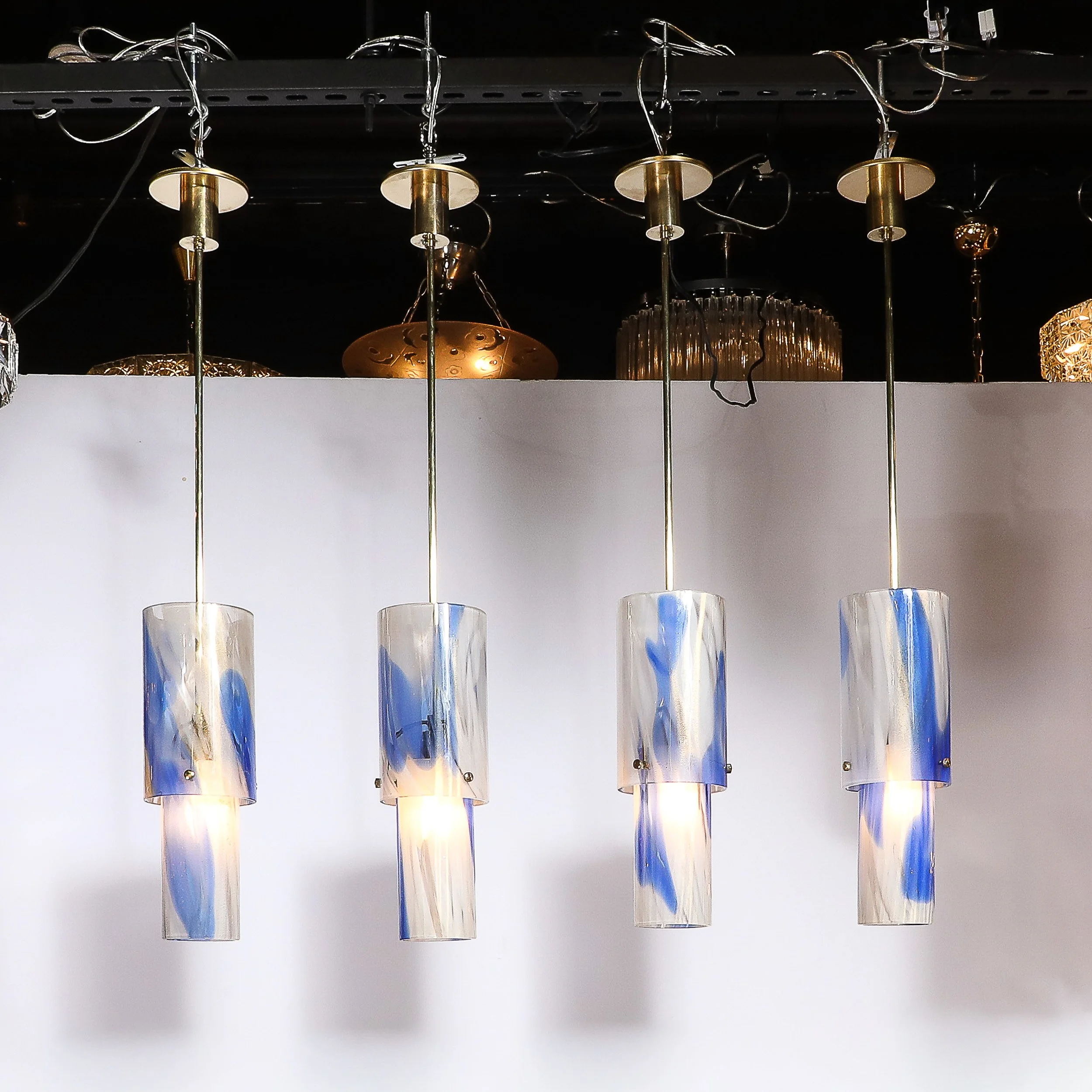 Set of 4 Mid-Century Blue & White Murano Glass Cylindrical Pendants by Venini - High Style Deco 1.jpg