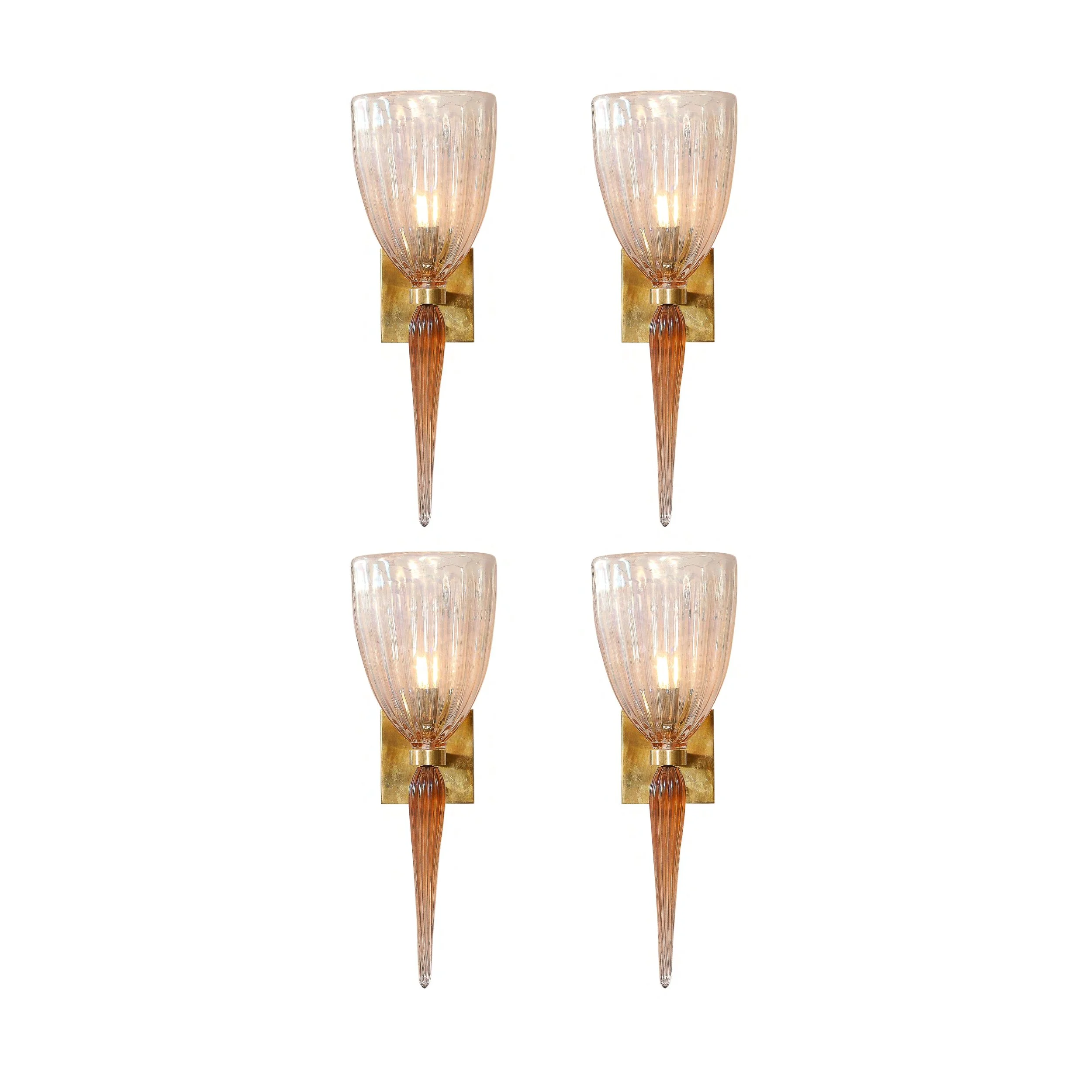 Set of 4 Modernist Hand-Blown Iridescent Pink Murano Glass Fluted Sconces w- Spike Drop.jpg