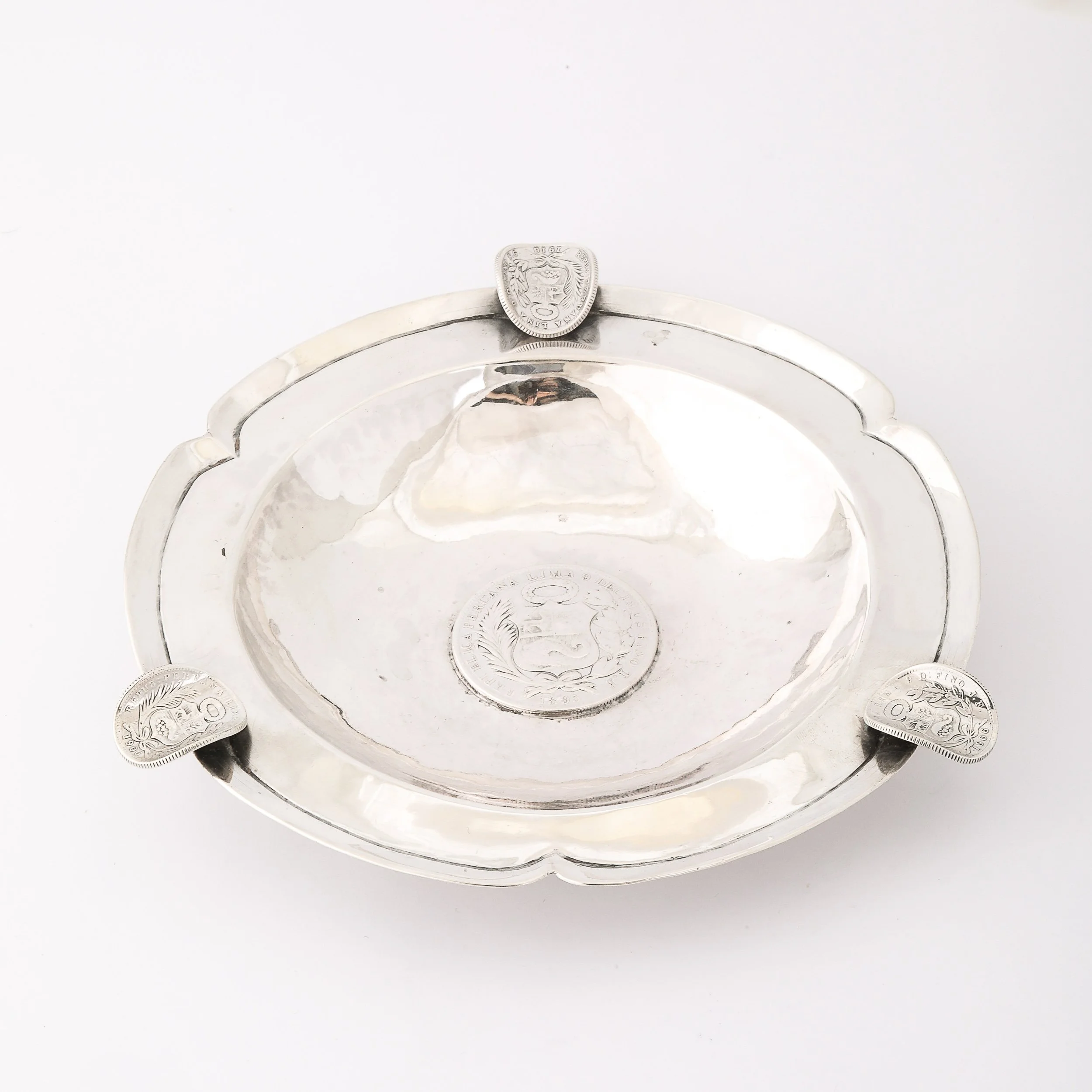 Art Deco Hand-Hammered .900 Sterling Silver Ashtray with Sculptural Coins - High Style Deco 1.jpg