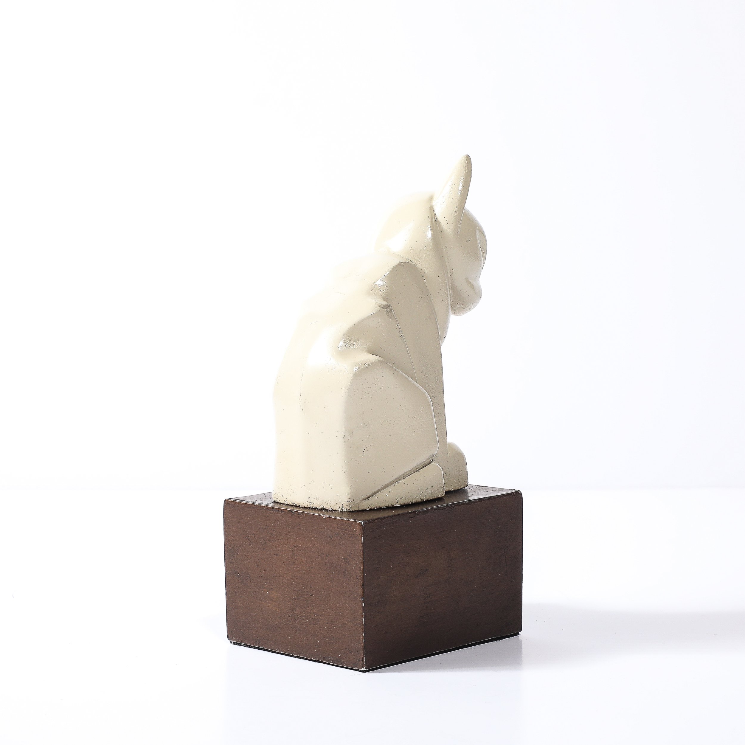 Art Deco Cubist Cat Sculpture in Cream Enamel on Brown Rectilinear Base - High Style Deco 5.jpg