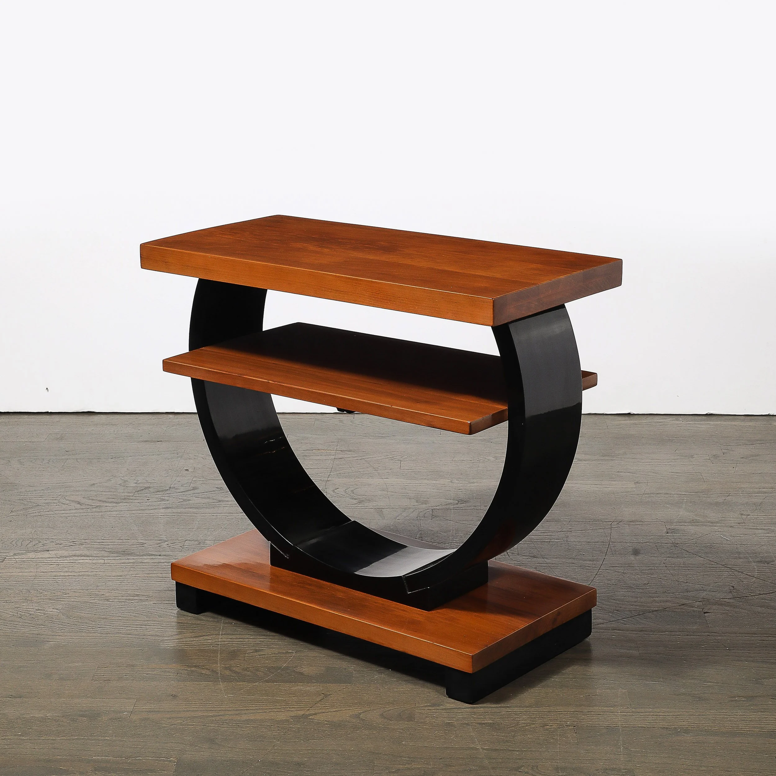 Pair of Art Deco Machine Age Two-Tier Side Tables in Walnut & Black Lacquer - High Style Deco 13.jpg