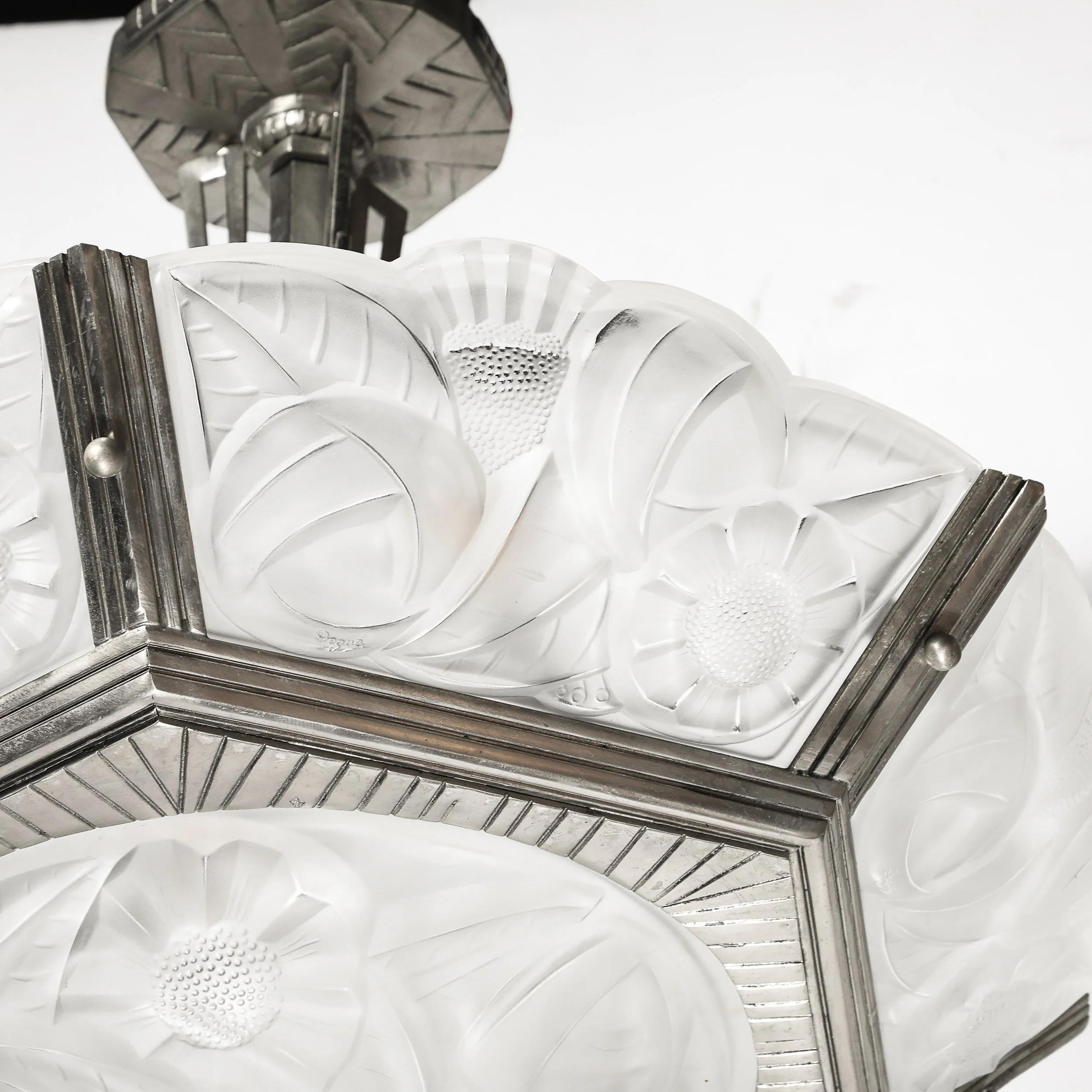 Pair of Art Deco Hexagonal Frosted Glass & Nickeled Bronze Chandeliers by Degue - High Style Deco 25.jpg