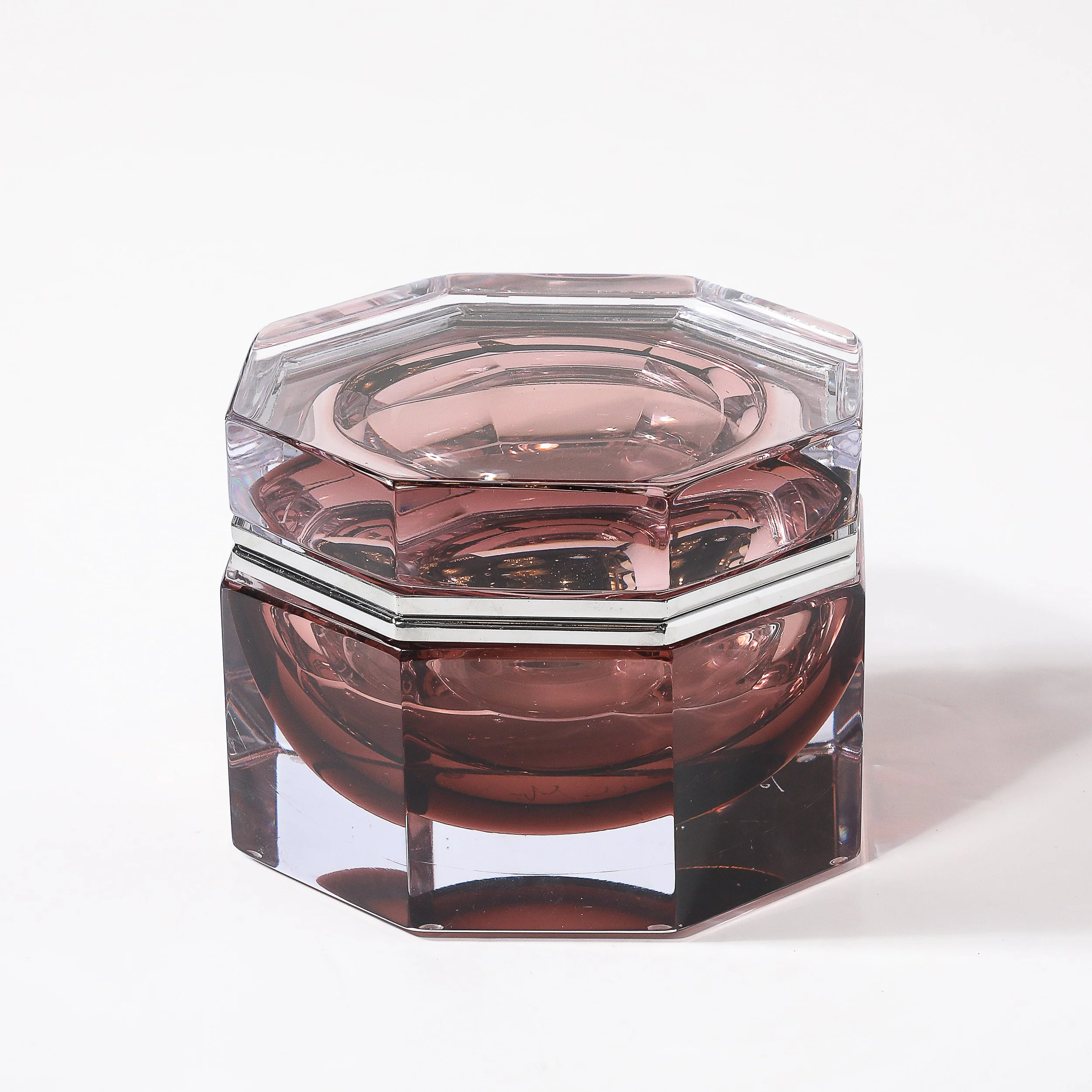 Modernist Octagonal Handblown Murano Glass Box in Smoked Ruby W: Polished Nickel - High Style Deco 5.jpg