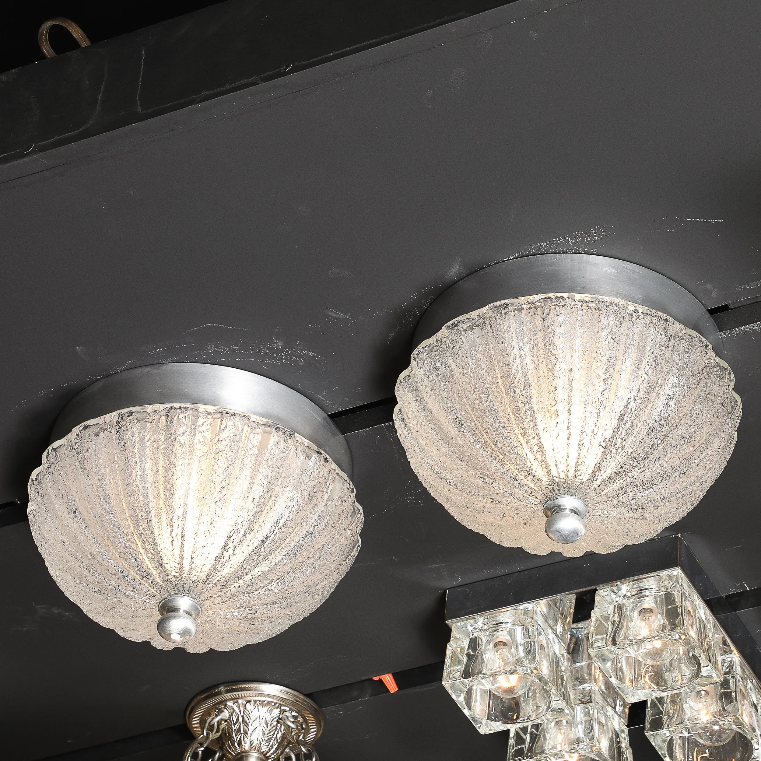 Pair of Mottled & Fluted Glass Flush Mount Chandeliers with Nickel Fittings - High Style Deco 1.jpg