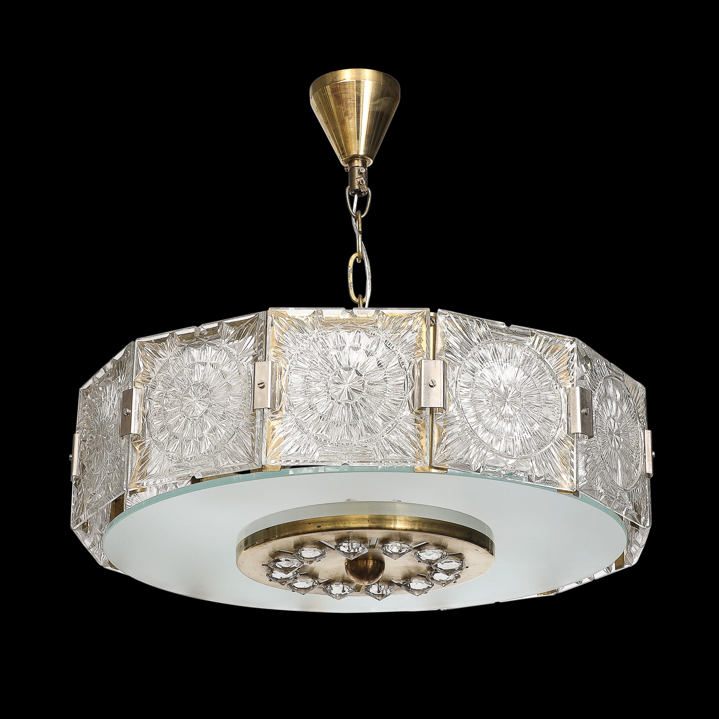 Mid-Century Modernist Pressed Glass Pendant Chandelier W: Frosted Diffuser - High Style Deco 1.jpg
