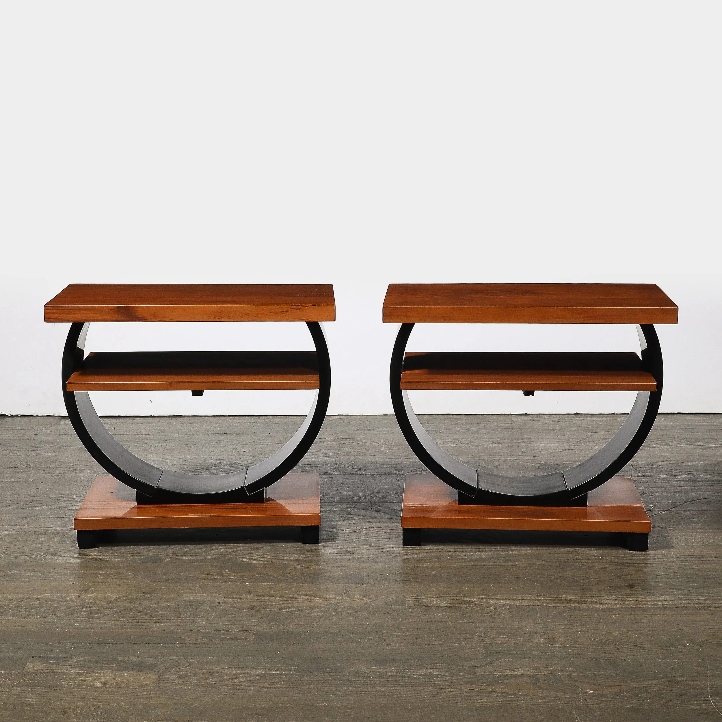 Pair of Art Deco Machine Age Two-Tier Side Tables in Walnut & Black Lacquer - High Style Deco 1.jpg