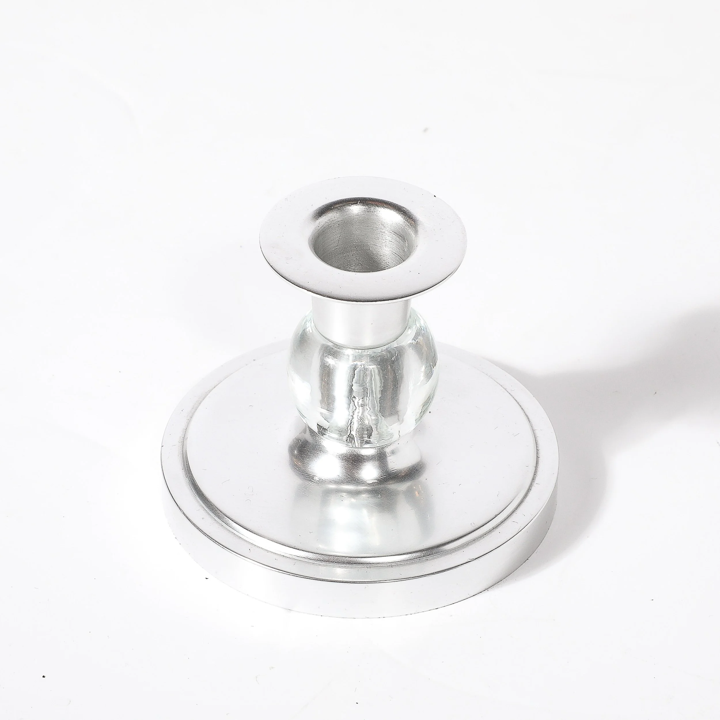 Pair of Art Deco Candle Holders in Brushed Aluminum & Glass signed Kensington - High Style Deco 6.jpg