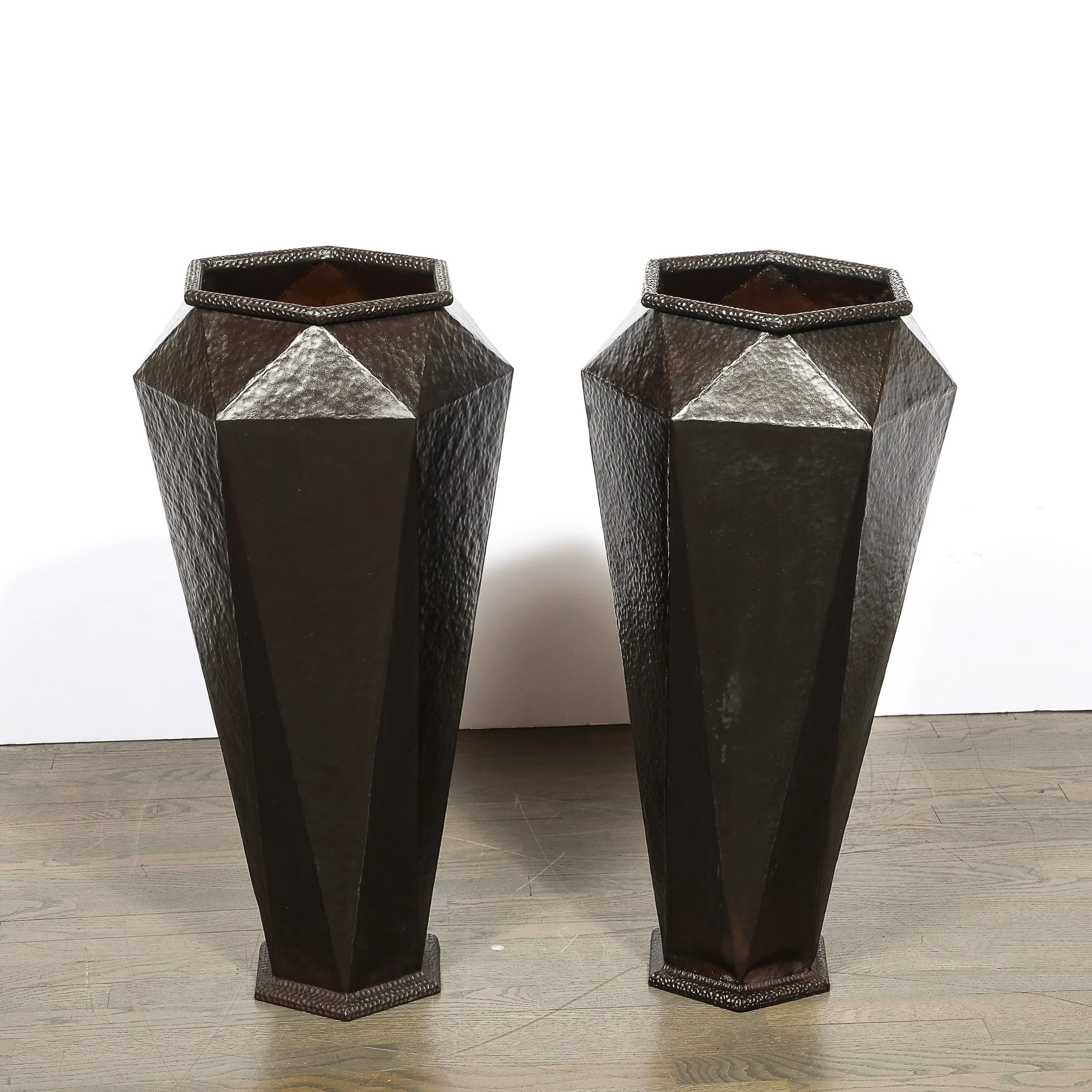 Modernist Geometric Faceted Hand-Hammered Wrought Iron Vases in Bronze Finish - High Style Deco 8.jpg