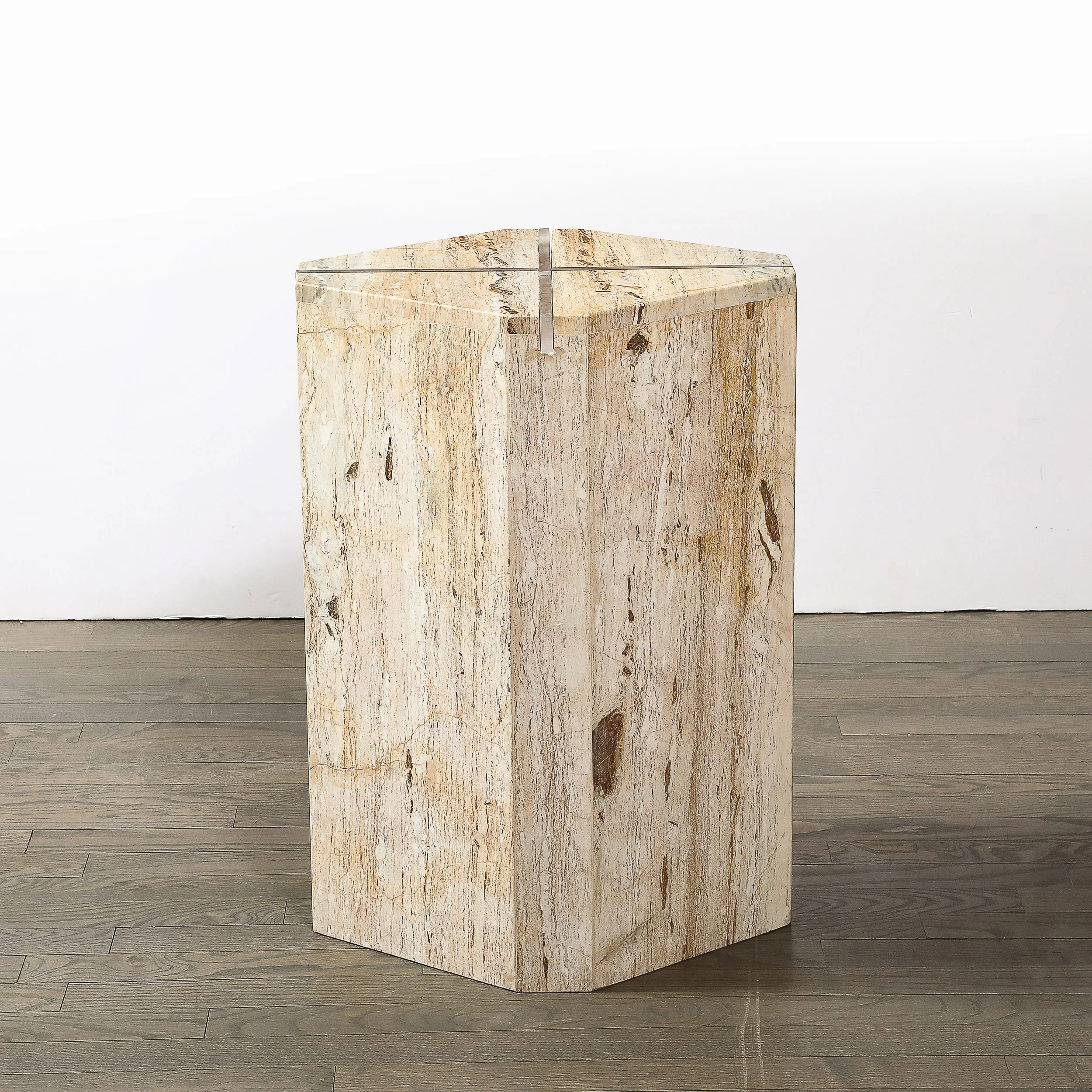 Sophisticated Mid-Century Modernist Crosslight Illuminating Travertine Pedestal - High Style Deco 2.jpg