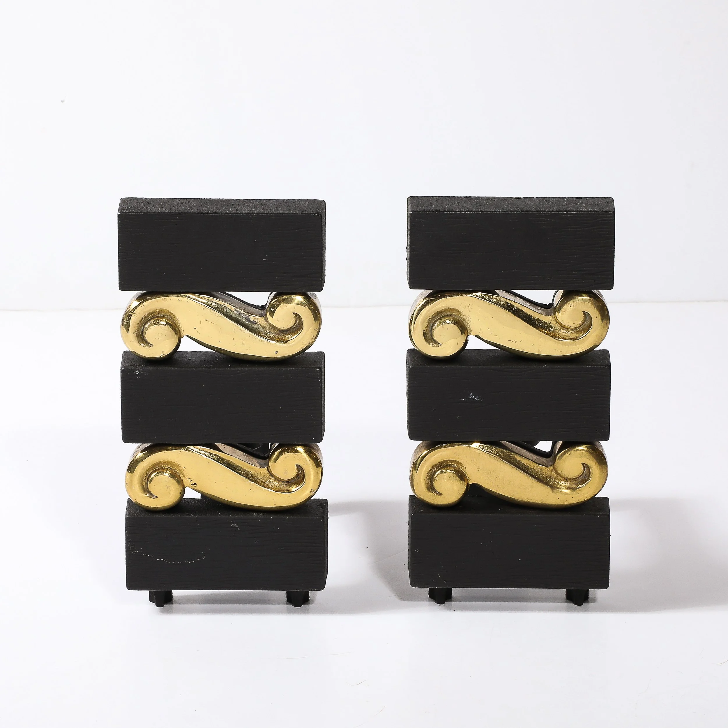 Mid-Century Brass & Bronze Stacked Scroll Andirons by Donald Deskey for Bennet - High Style Deco 1.jpg
