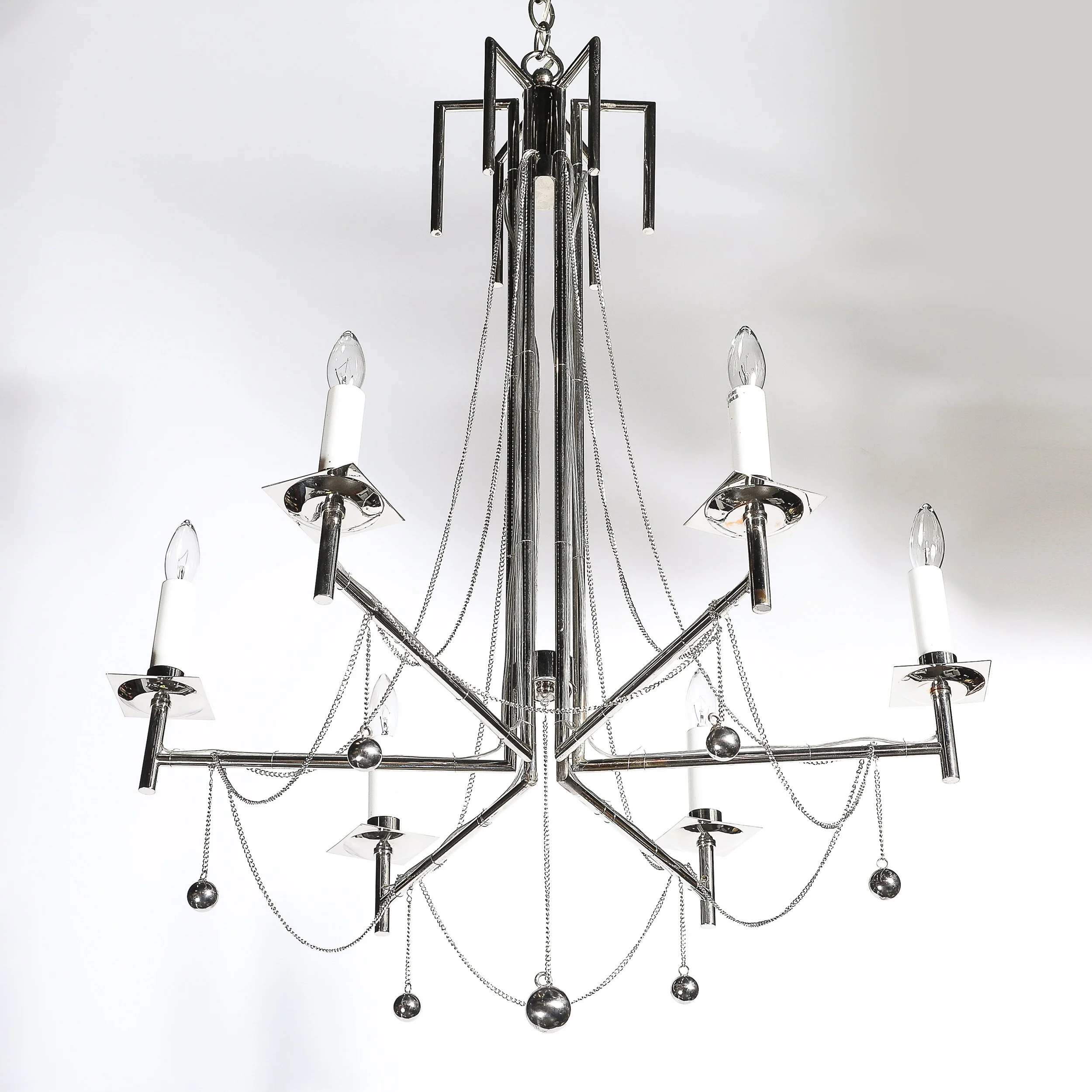 Modernist Polished Nickel Six Arm Chandelier w: Chain & Spherical Detailing - High Style Deco 13.jpg