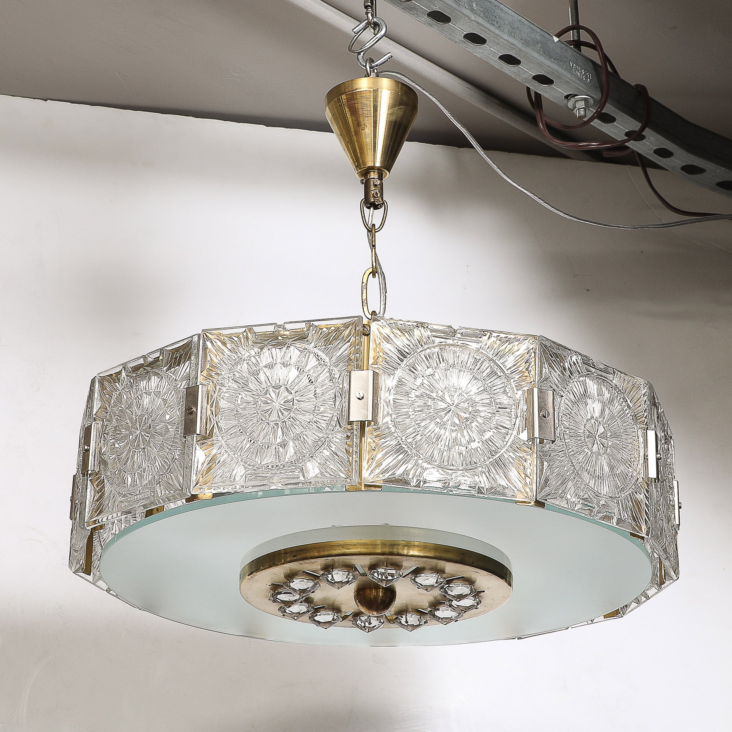 Mid-Century Modernist Pressed Glass Pendant Chandelier W: Frosted Diffuser - High Style Deco 10.jpg