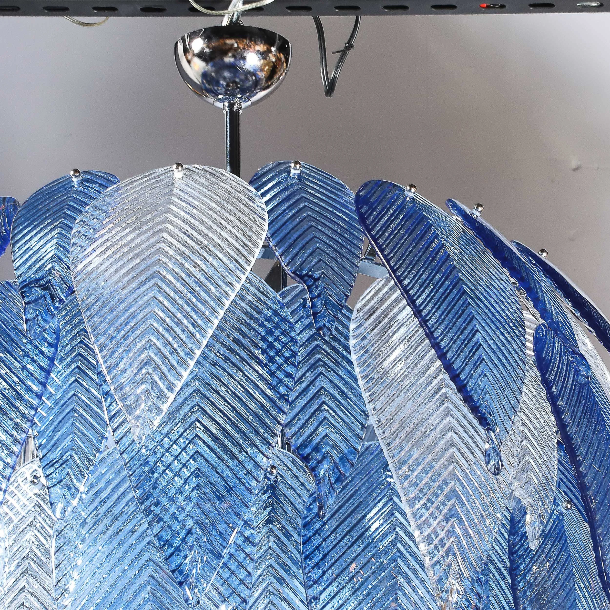 Modernist Hand-Blown Reeded Blue & Clear Murano Glass Leaf Chandelier w: Chrome - High Style Deco 12.jpg