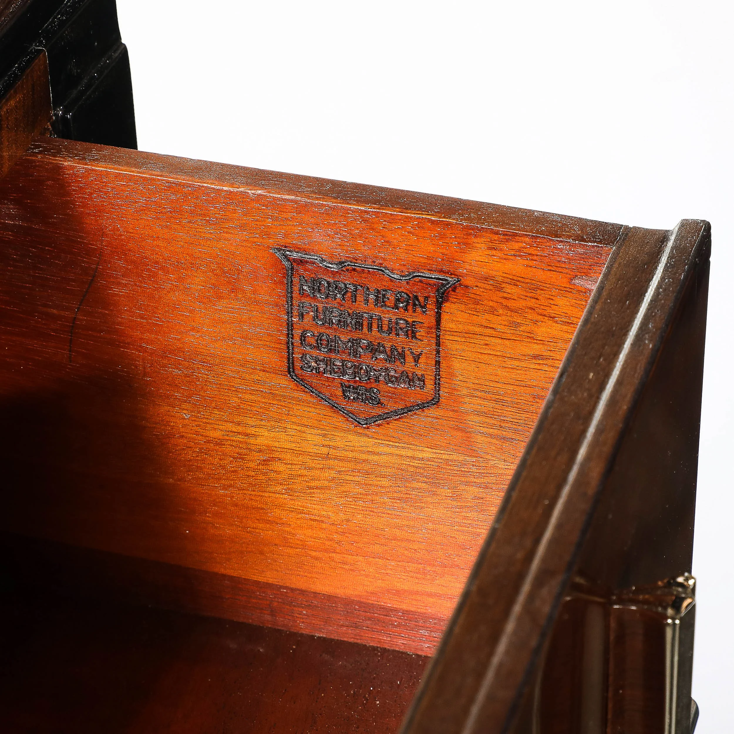 Art Deco Machine Age High Chest in Bookmatched Walnut, Black Lacquer & Chrome - High Style Deco 14.jpg