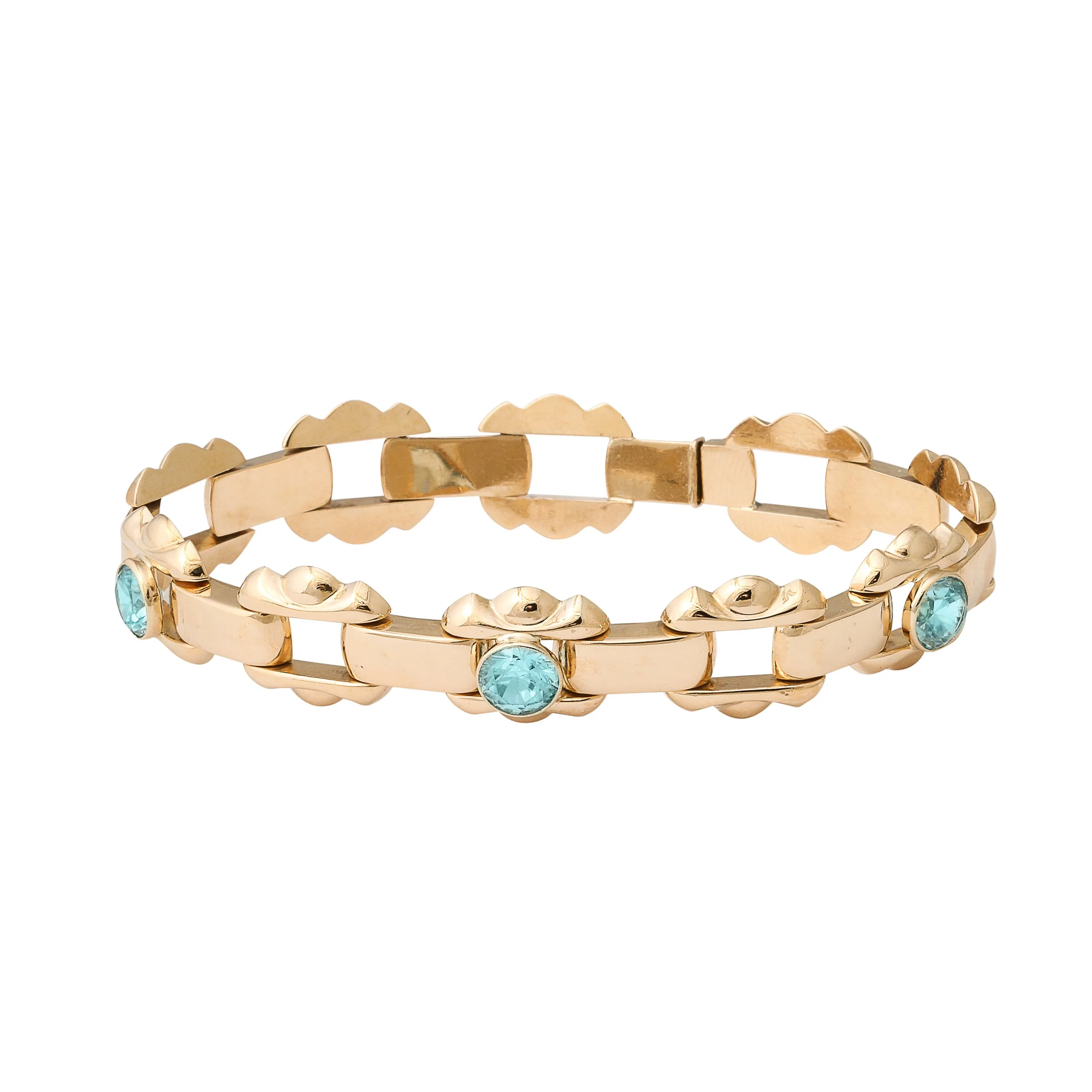 Art Deco Esemco Articulating 14k Gold Bracelet with Round Cut Aquamarines - High Style Deco.jpg