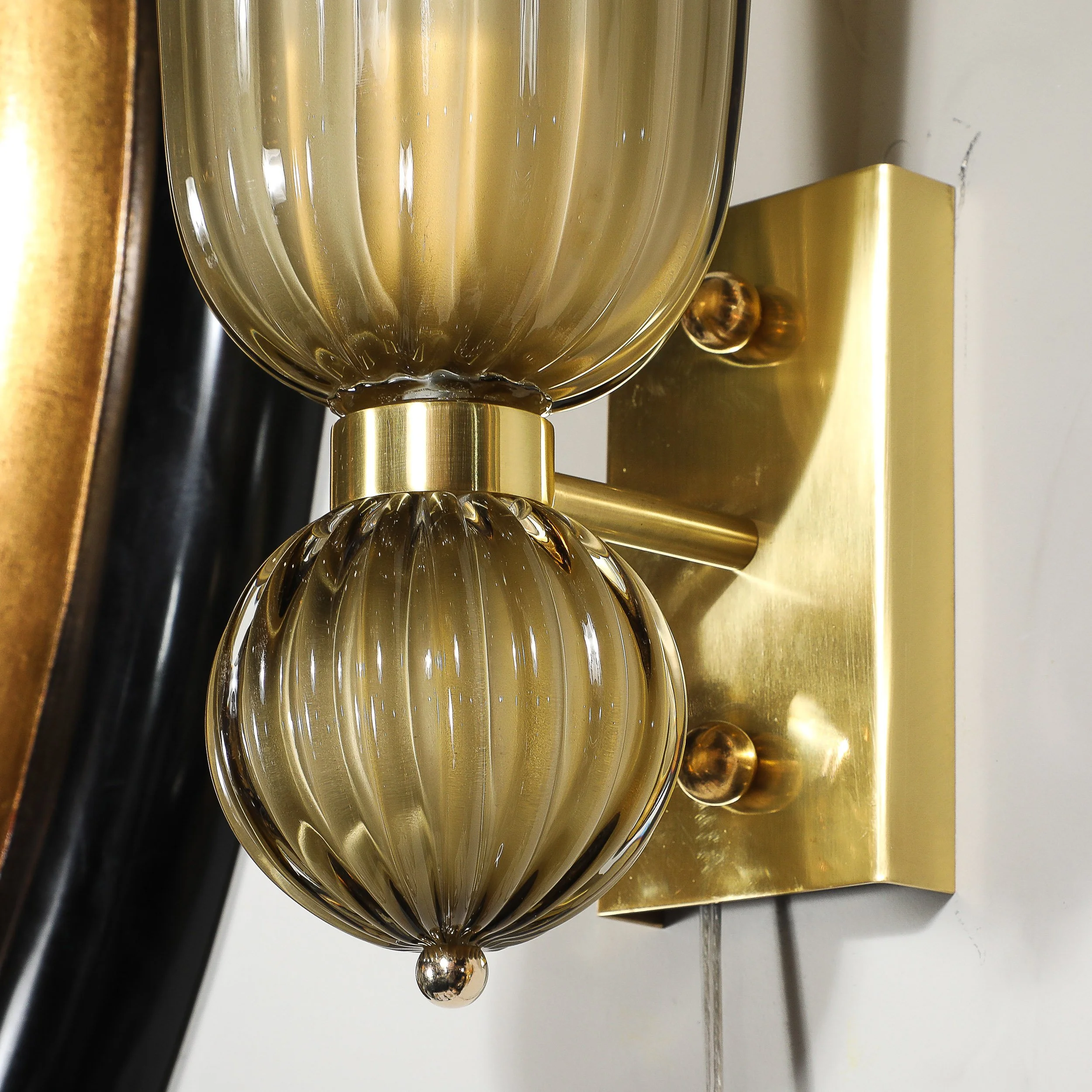 Pair of Modernist Hand-Blown Murano Fluted Glass Sconces in Frosted Smoked Topaz - High Style Deco 16.jpg