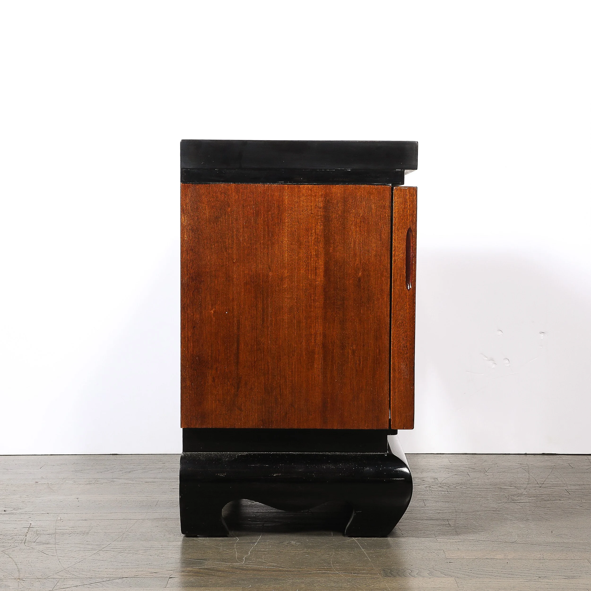 Mid-Century Modernist Shadowbox Mirrored Front Walnut & Black Lacquer End Table - High Style Deco 12.jpg