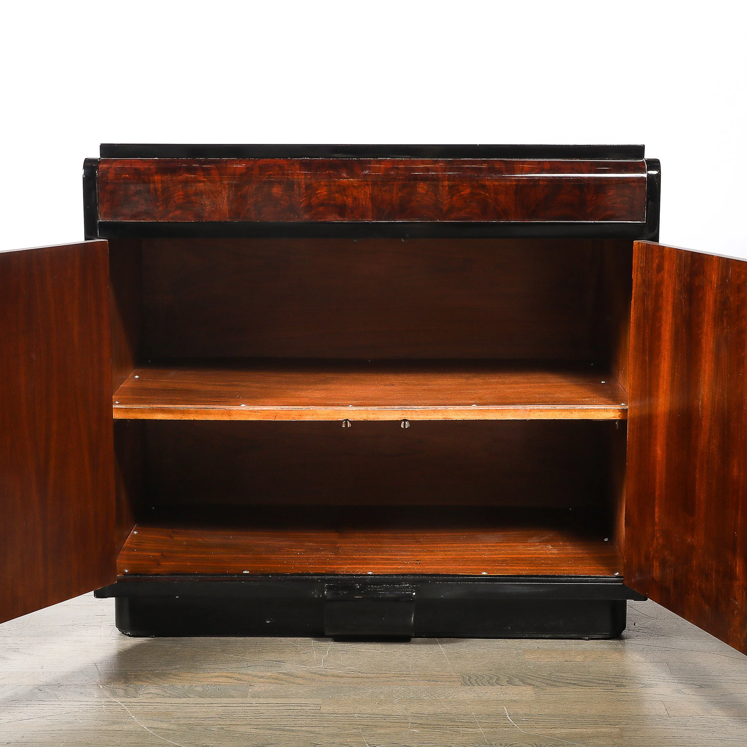 Art Deco Machine Age Waterfall Front Book-Matched Walnut & Black Lacquer Cabinet - High Style Deco 6.jpg
