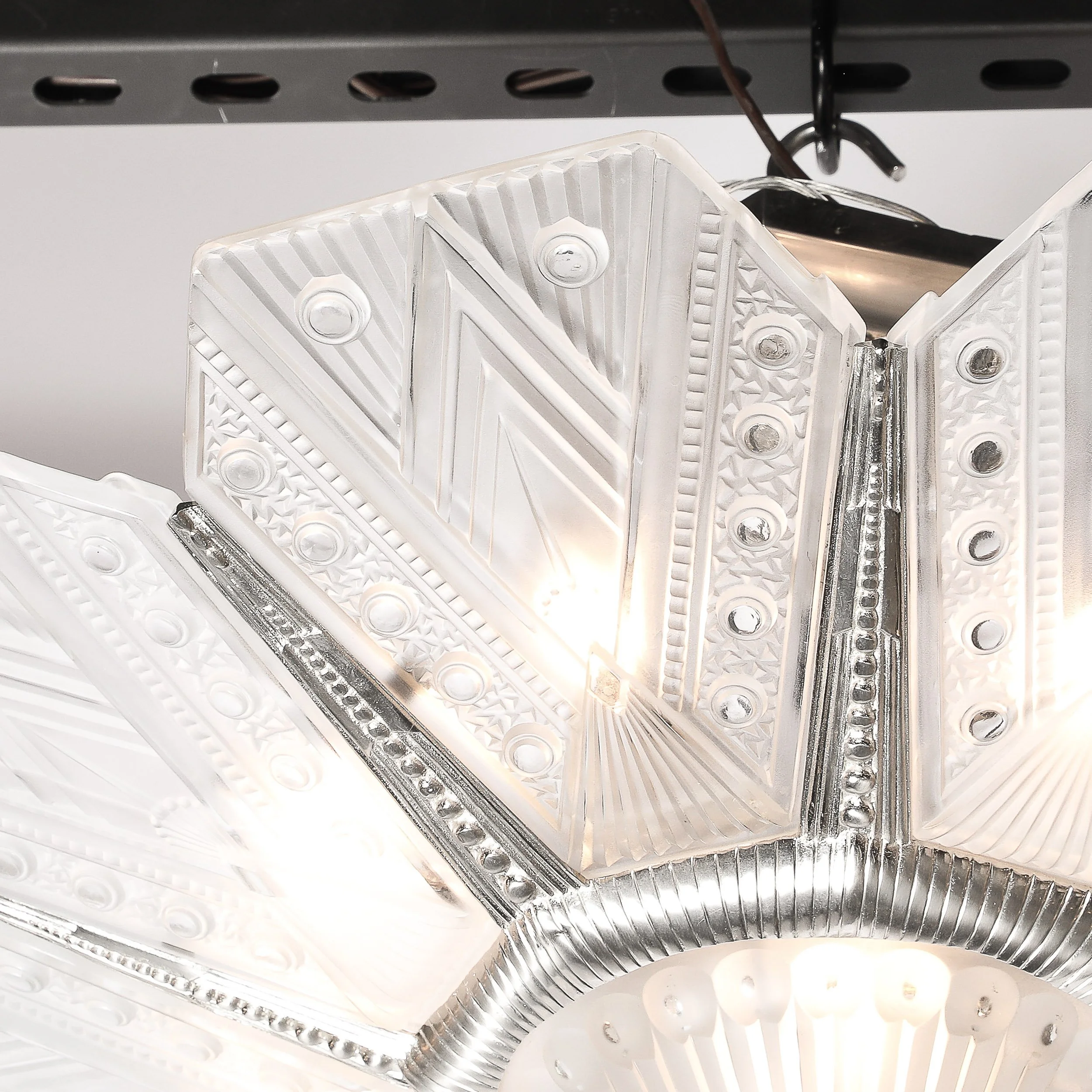 Art Deco Frosted Glass Cubist Geometric Detail & Fluted Chandelier Signed Leleu - High Style Deco 5.jpg