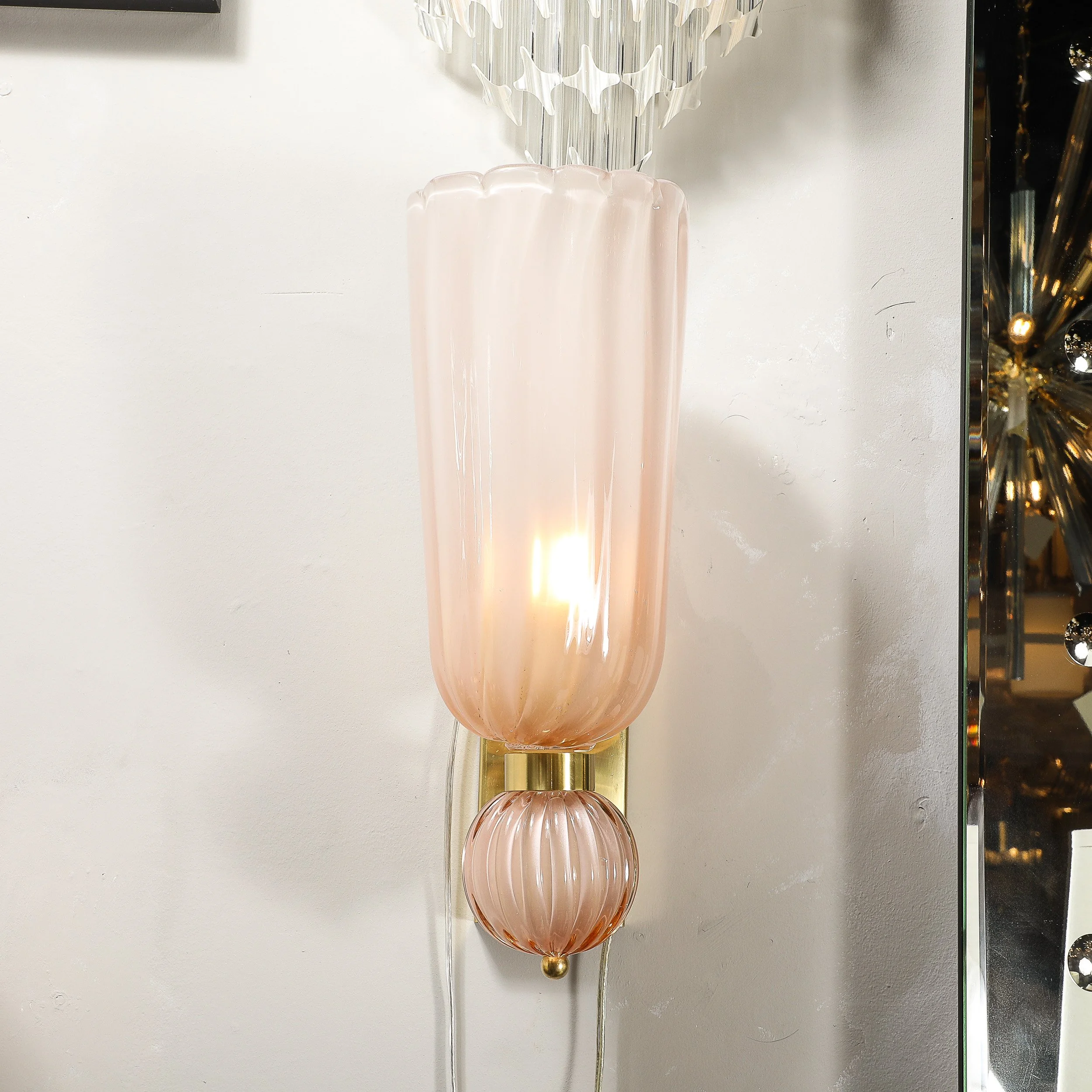 Modernist Hand-Blown Fluted Murano Glass Sconces w: Orbital Drop in Frosted Rose - High Style Deco 1.jpg