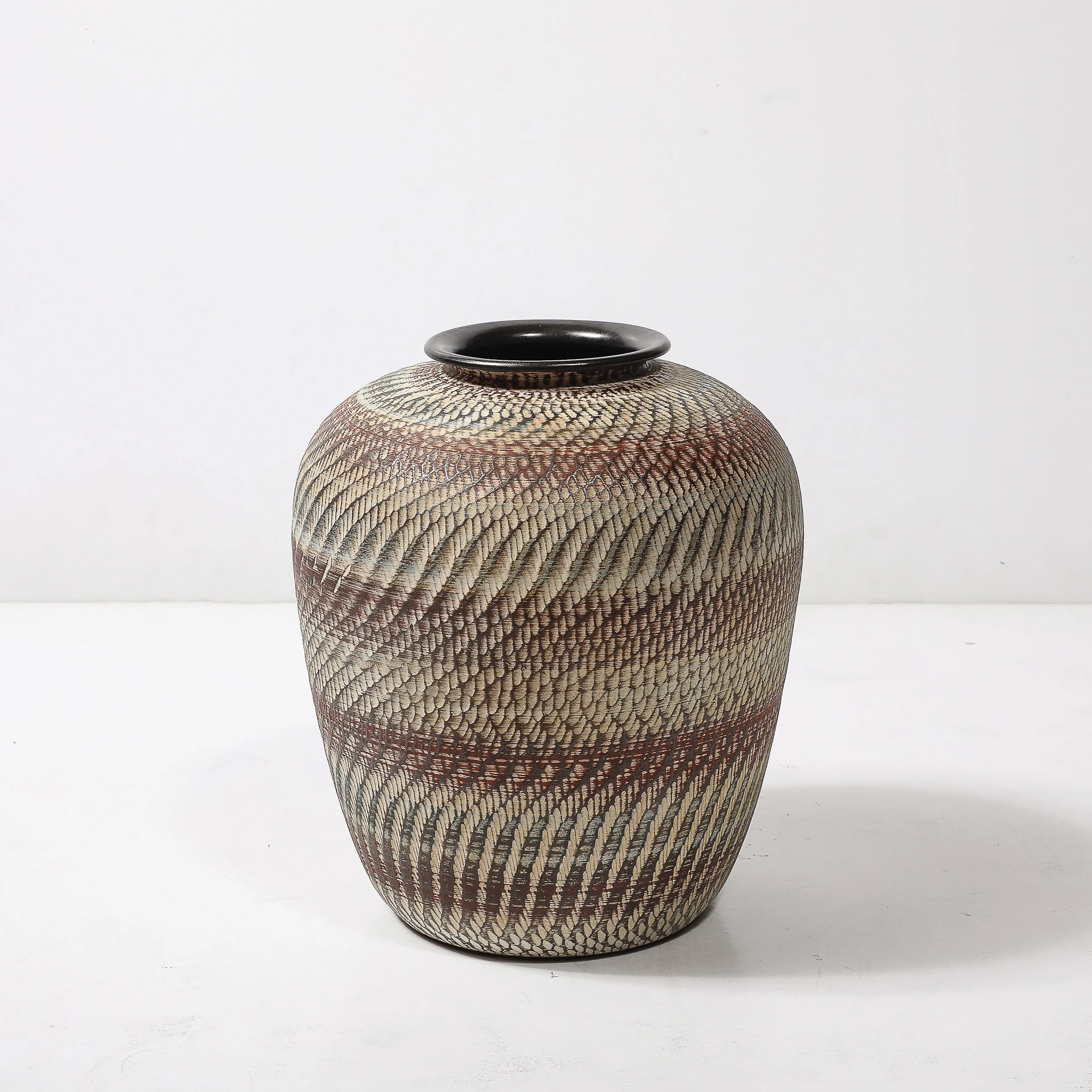 Mid-Century Ceramic Earth Toned Vase W: Scaled Textural Detailing signed Germany - High Style Deco 1.jpg