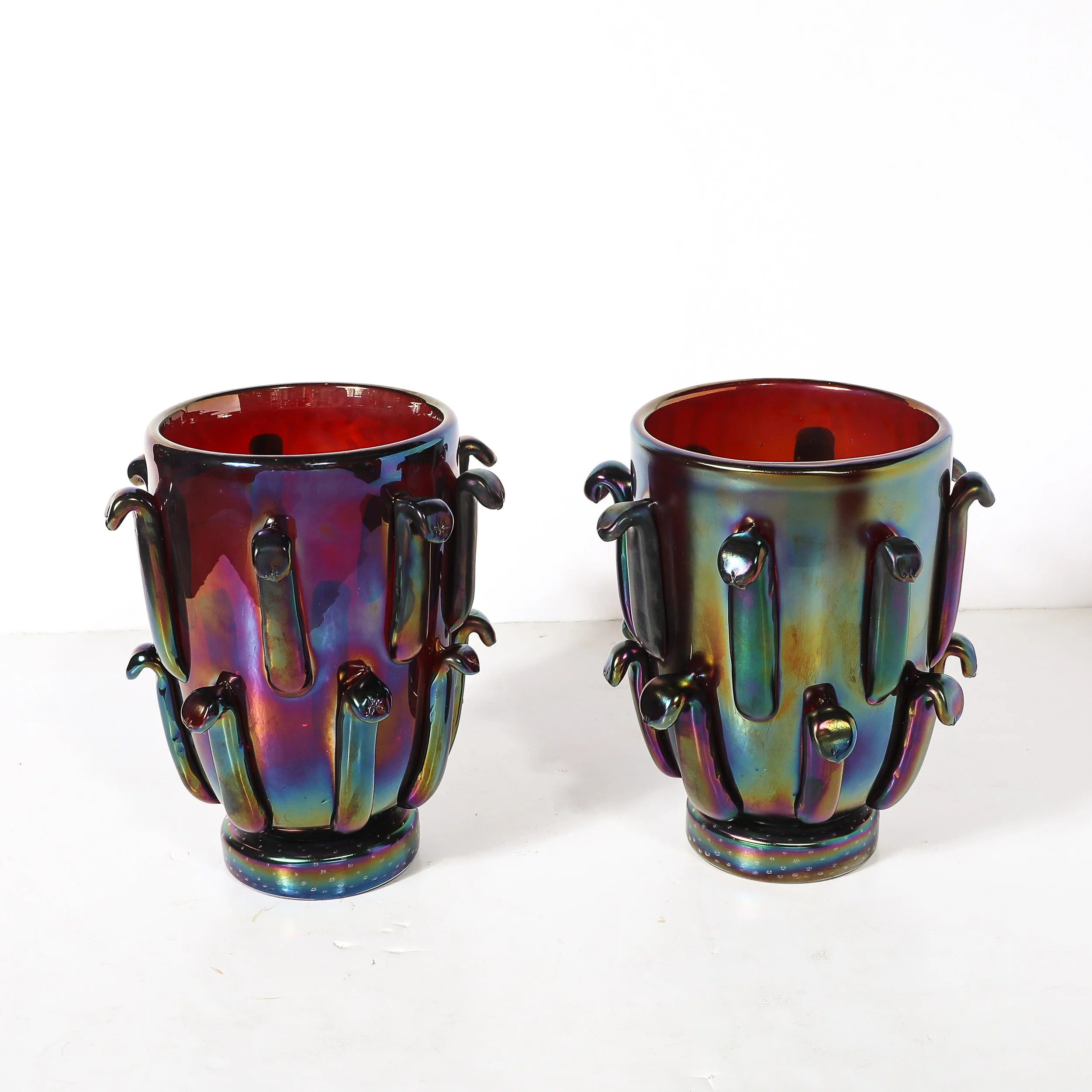 Mid-Century Hand-Blown Murano Iridescent & Ruby Glass Vases w: Petal Detailing - High Style Deco 11.jpg