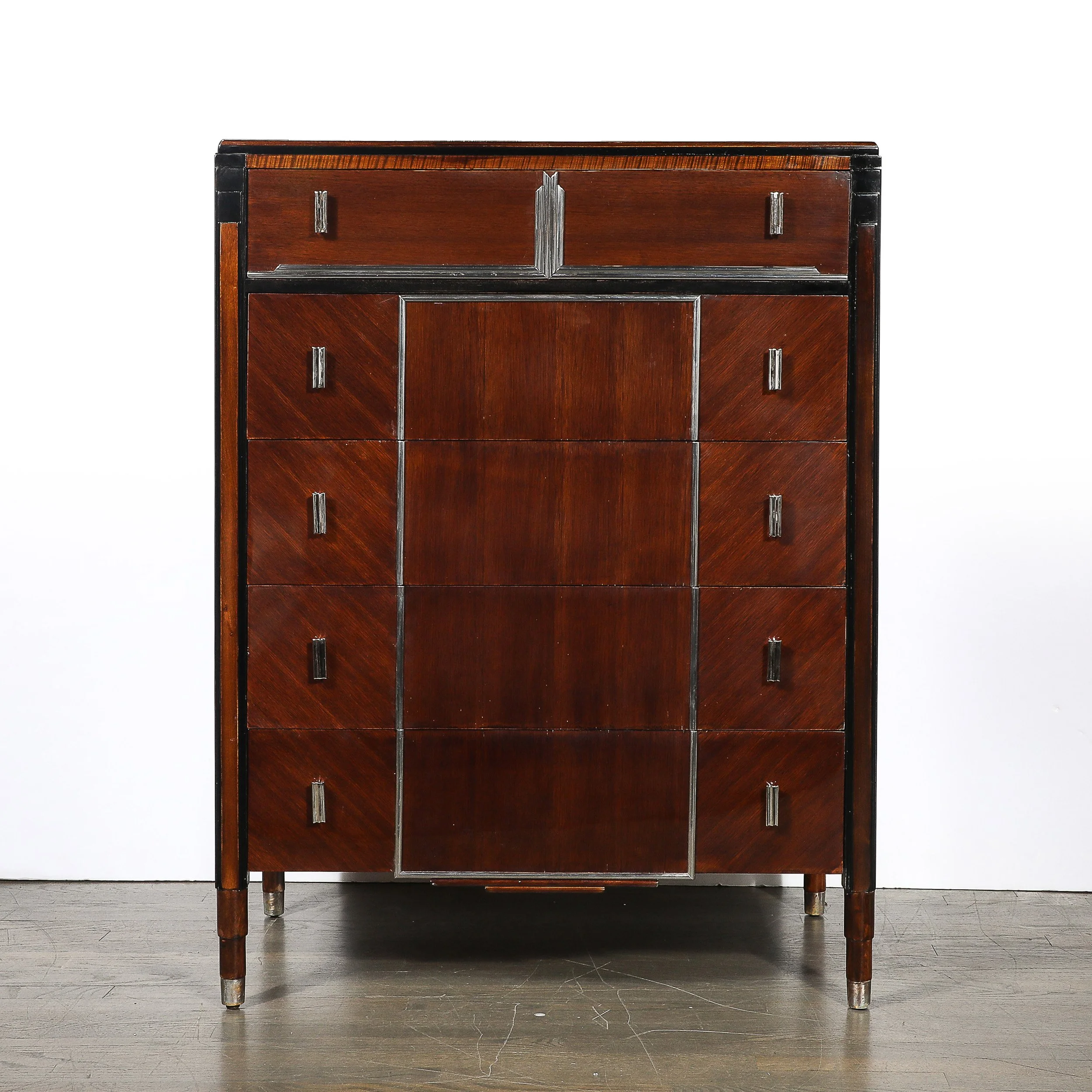Art Deco Machine Age High Chest in Bookmatched Walnut, Black Lacquer & Chrome - High Style Deco 18.jpg