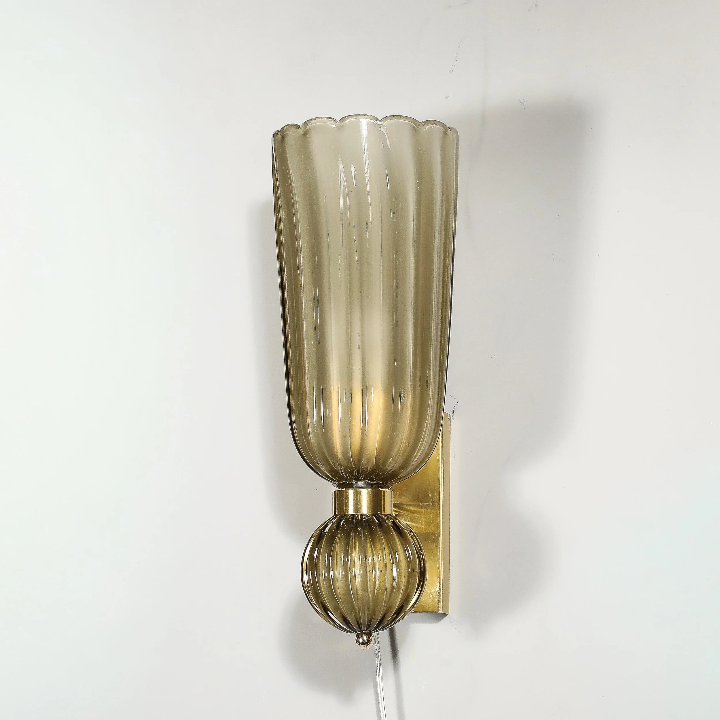 Pair of Modernist Hand-Blown Murano Fluted Glass Sconces in Frosted Smoked Topaz - High Style Deco 9.jpg