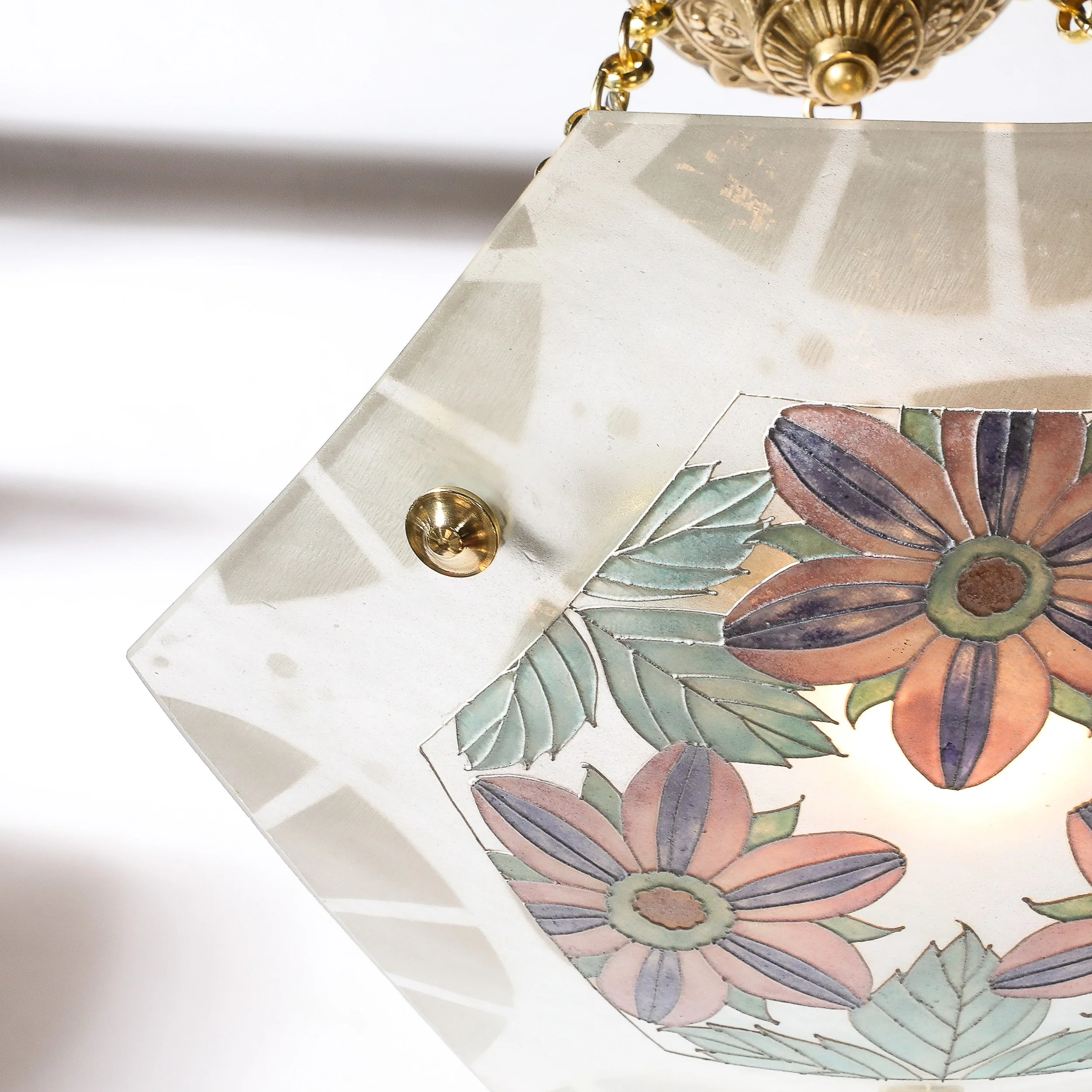 Art Deco Hexagonal Frosted & Pressed Glass Pendant w: Floral Details signed BHV - High Style Deco 8.jpg