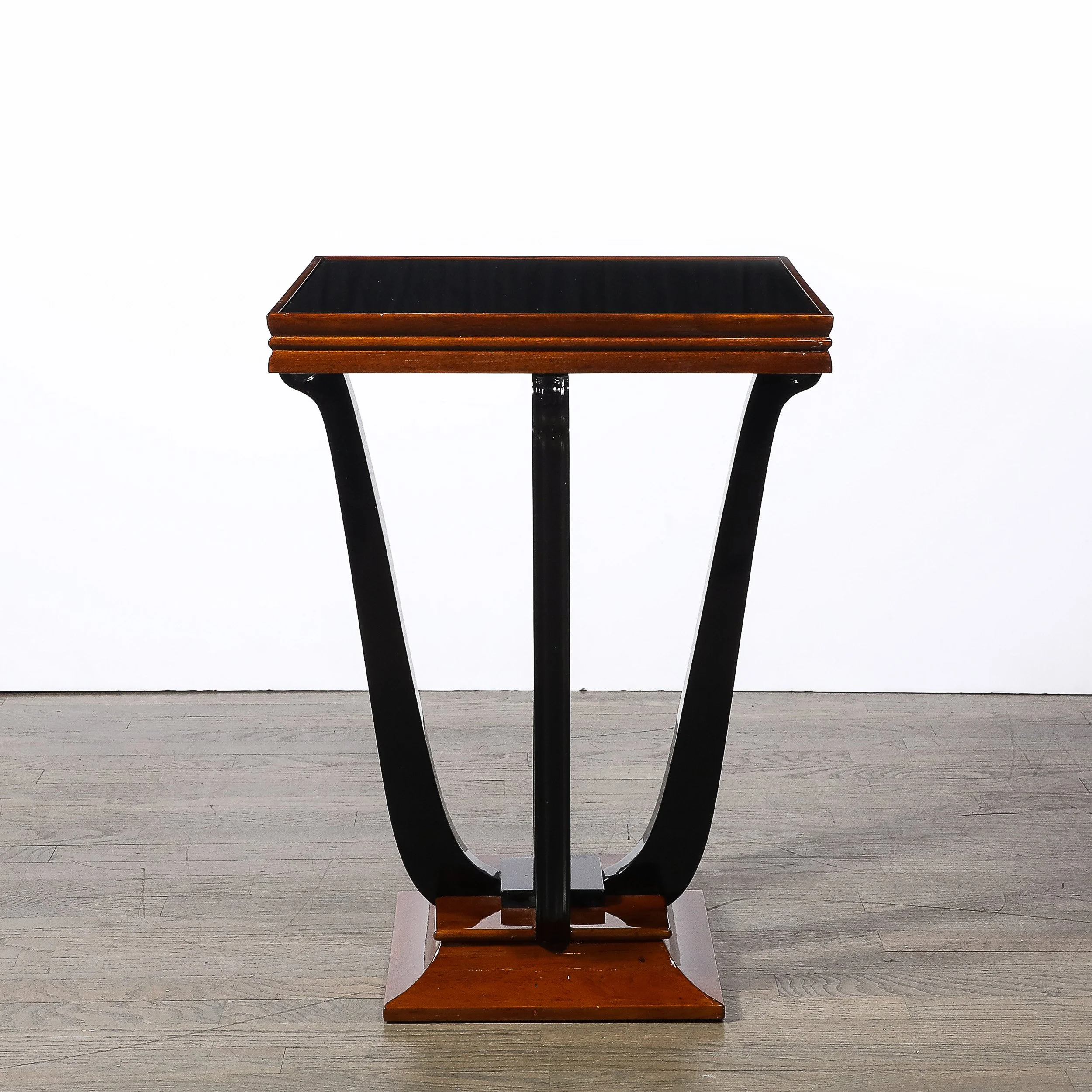 Art Deco Machine Age Square Walnut Occasional Table w: Black Mirror Glass Top - High Style Deco 1.jpg
