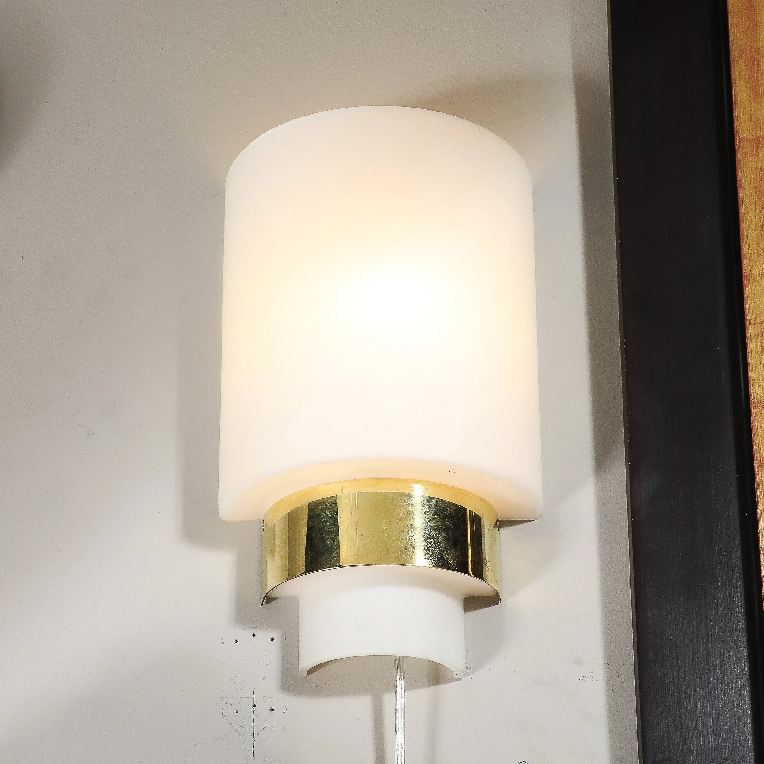 Pair of Mid-Century Modernist Minimal Frosted Glass & Brass Sconces - High Style Deco 3.jpg