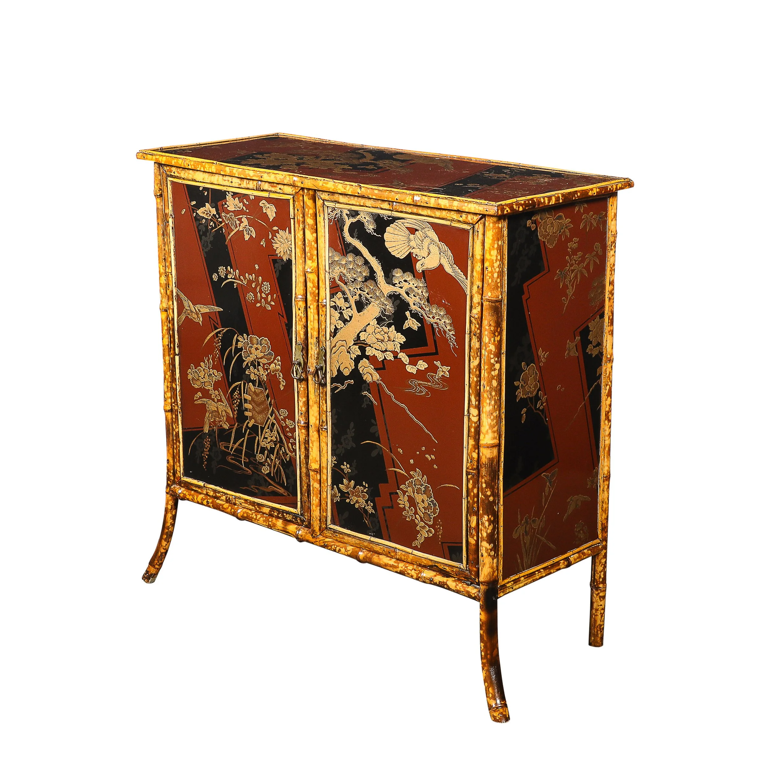 Art Deco Bamboo & Cubist Red & Black Geometric Detailed Gilt Chinoiserie Cabinet - High Style Deco.jpg
