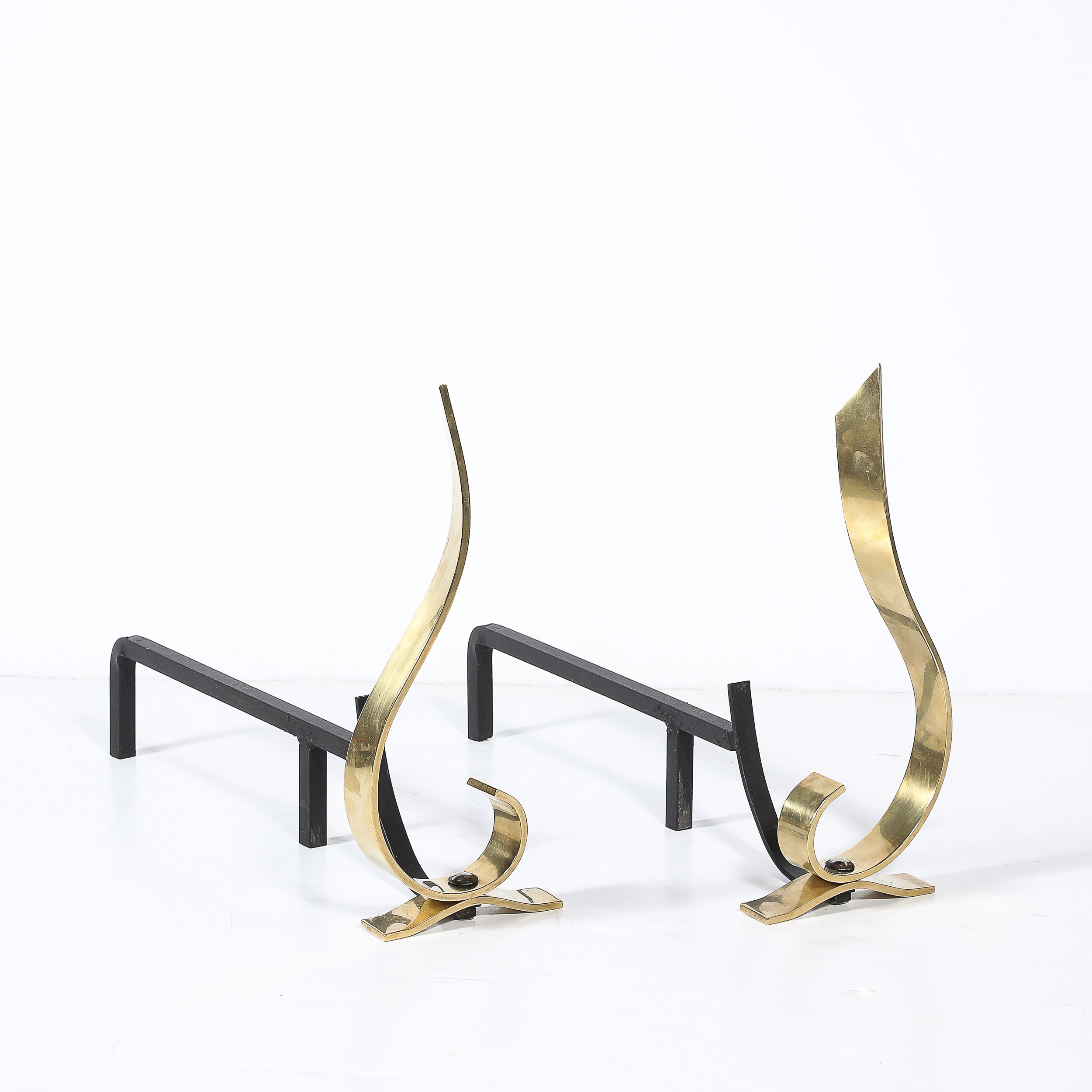 Pair of Mid-Century Curvilinear Polished Brass Andirons with Gunmetal Fittings - High Style Deco 10.jpg