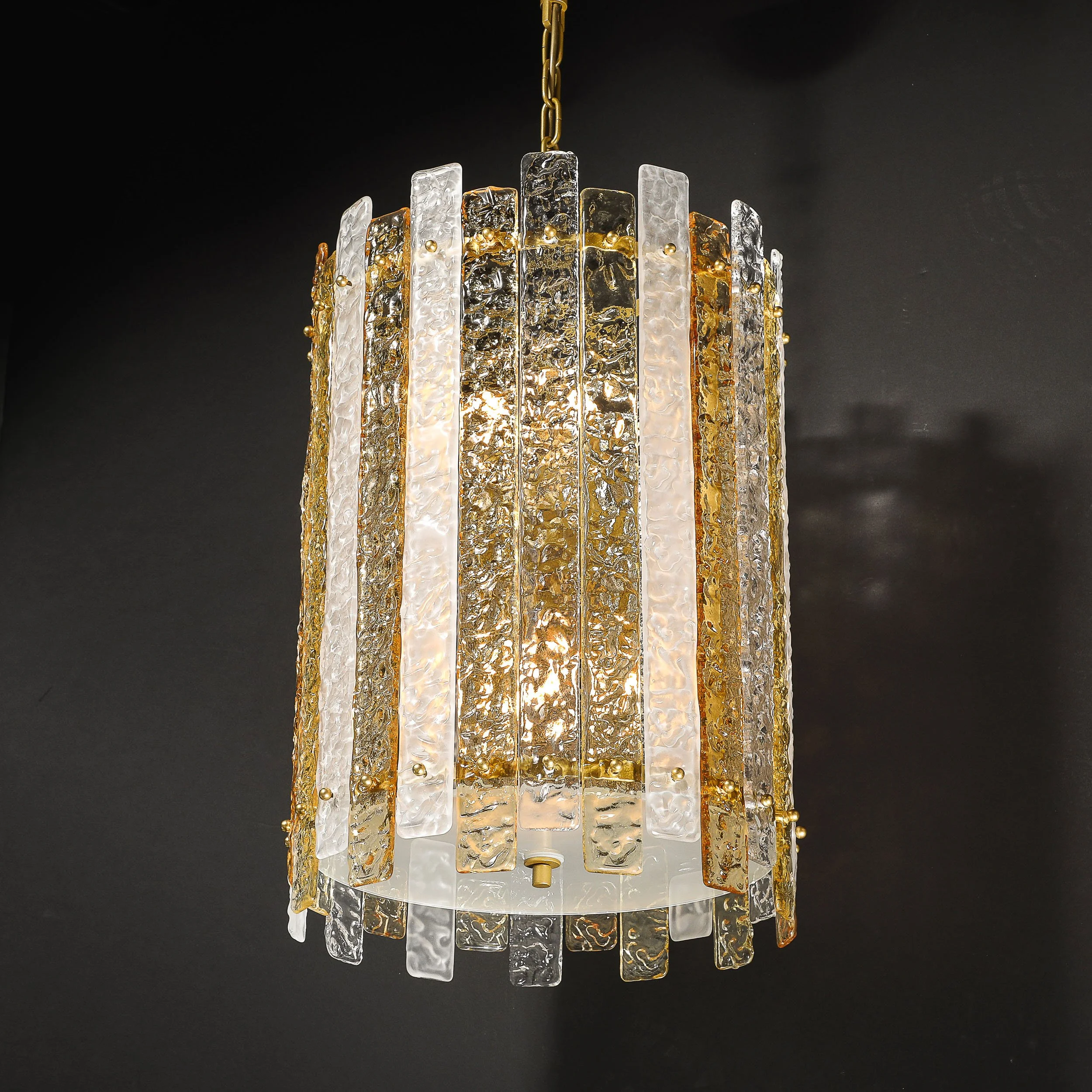 Modernist Hand-Blown Amber and Clear Murano Glass Paneled Cylindrical Chandelier - High Style Deco 27.jpg
