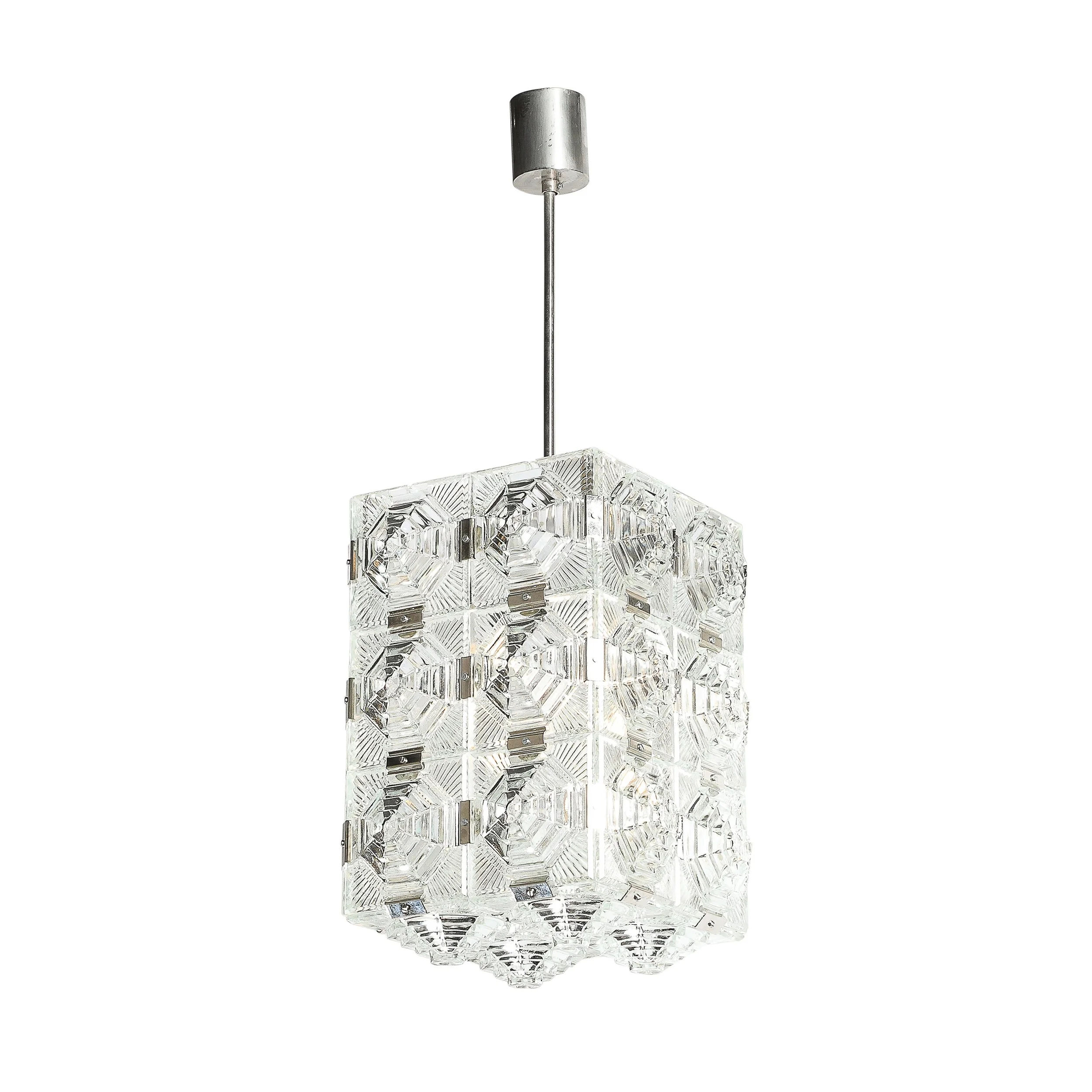Mid-Century Glass & Chrome Fitted Rectangular Pendant Chandelier by Kinkeldey