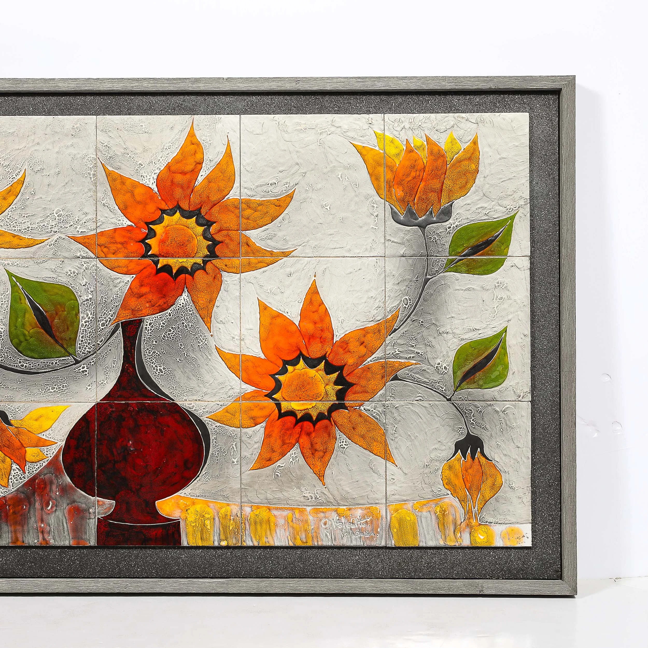 Modernist Ceramic Tile Wall Plaque of Sunflowers Signed Gilbert Valentin - High Style Deco 3.jpg