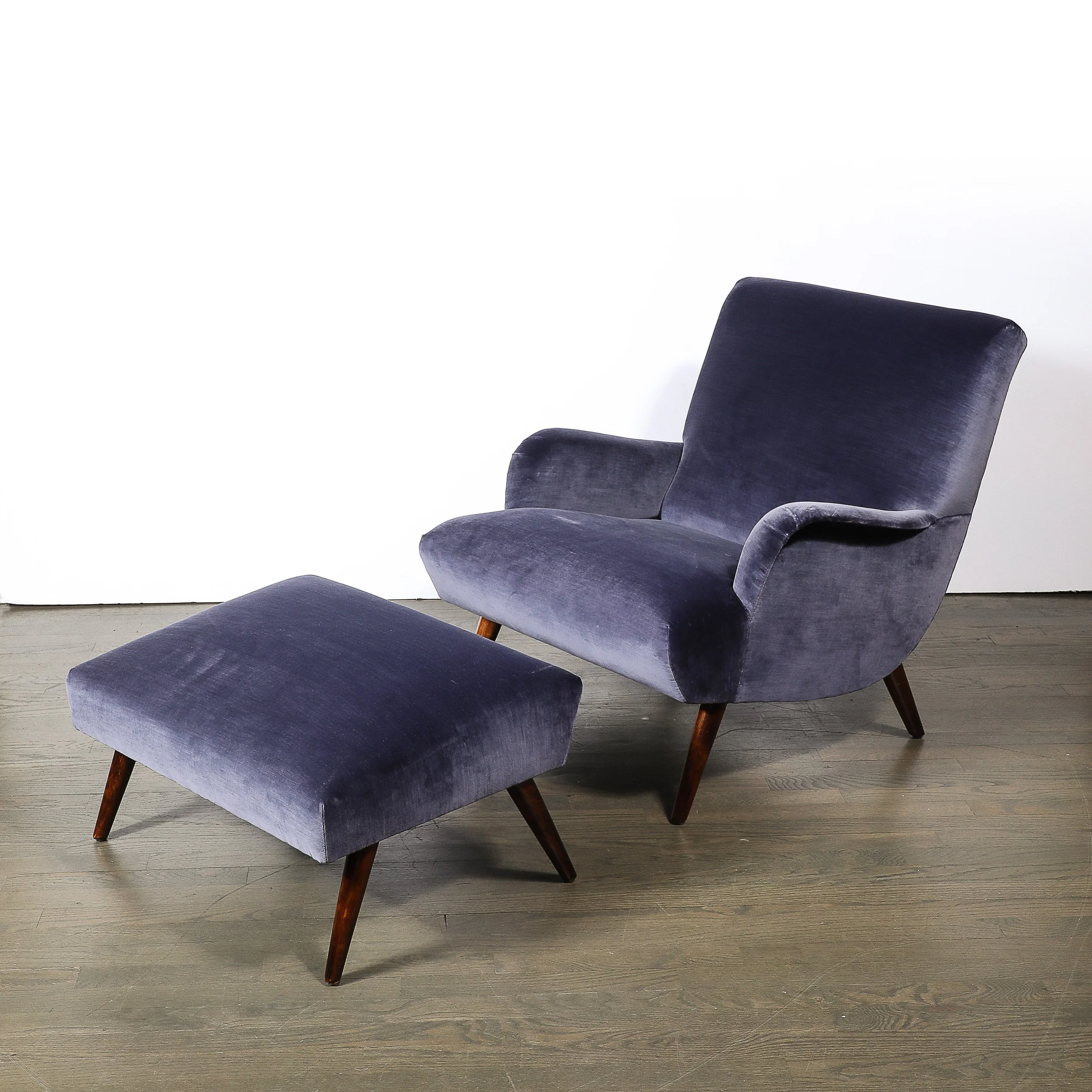 Mid-Century Lounge Chair & Ottoman in Aubergine Velvet & Tapered Walnut Supports - High Style Deco 3.jpg