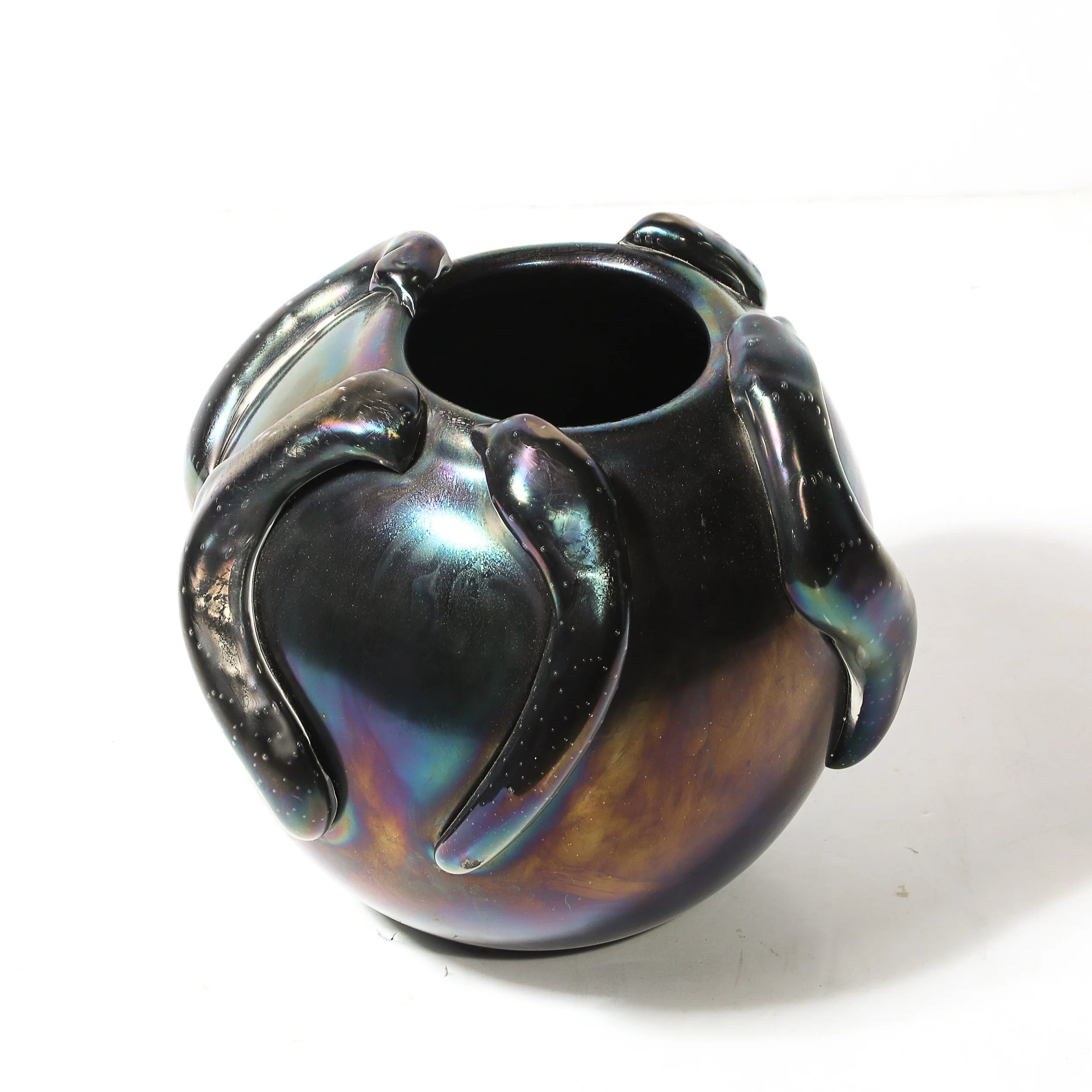 Mid-Century Hand-Blown Murano Iridescent & Black Glass Vase w: Sculptural Detail - High Style Deco 2.jpg