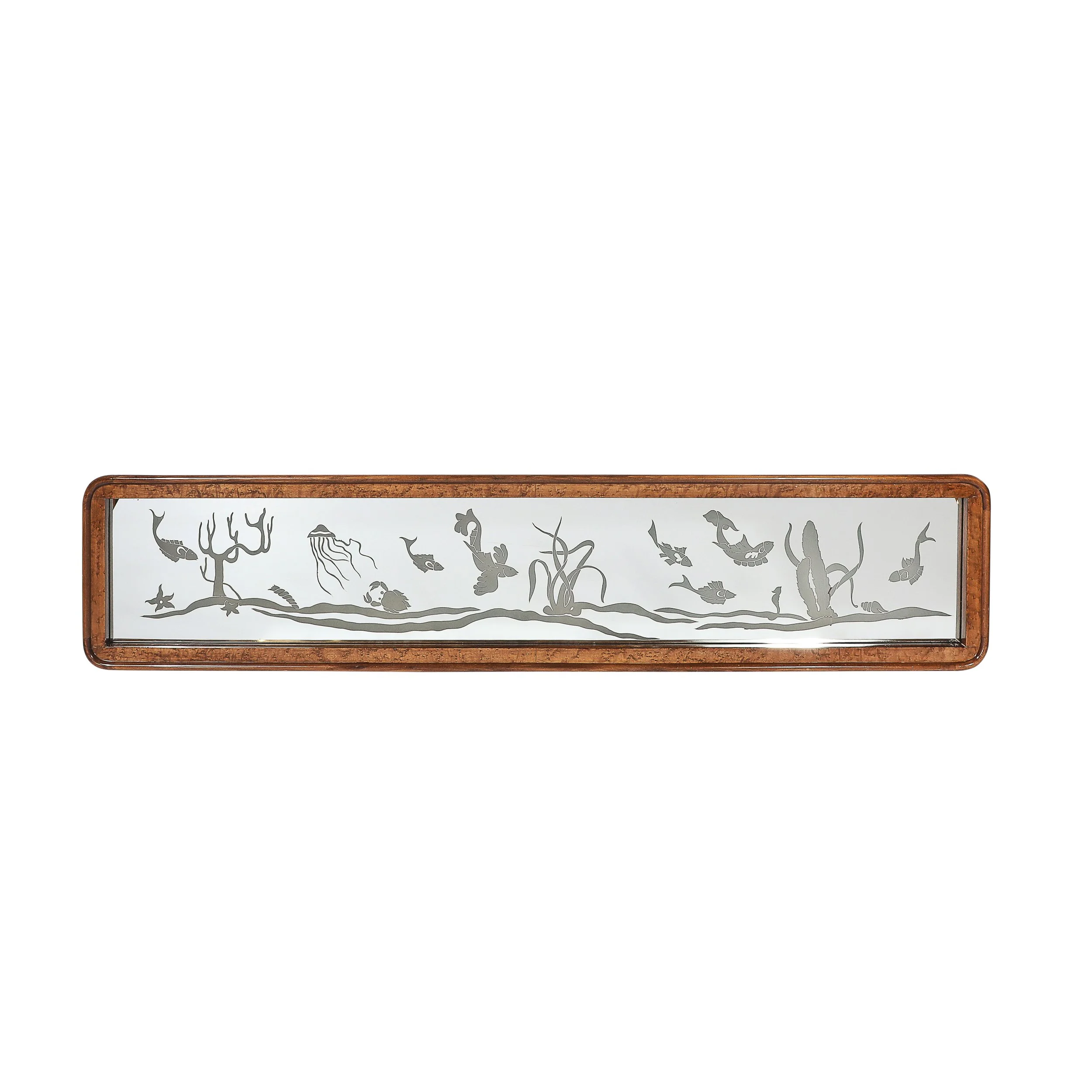 Mid-Century Burled Walnut Bordered Mirror W: Graphic Acid Etched Oceanic Motif - High Style Deco.jpg