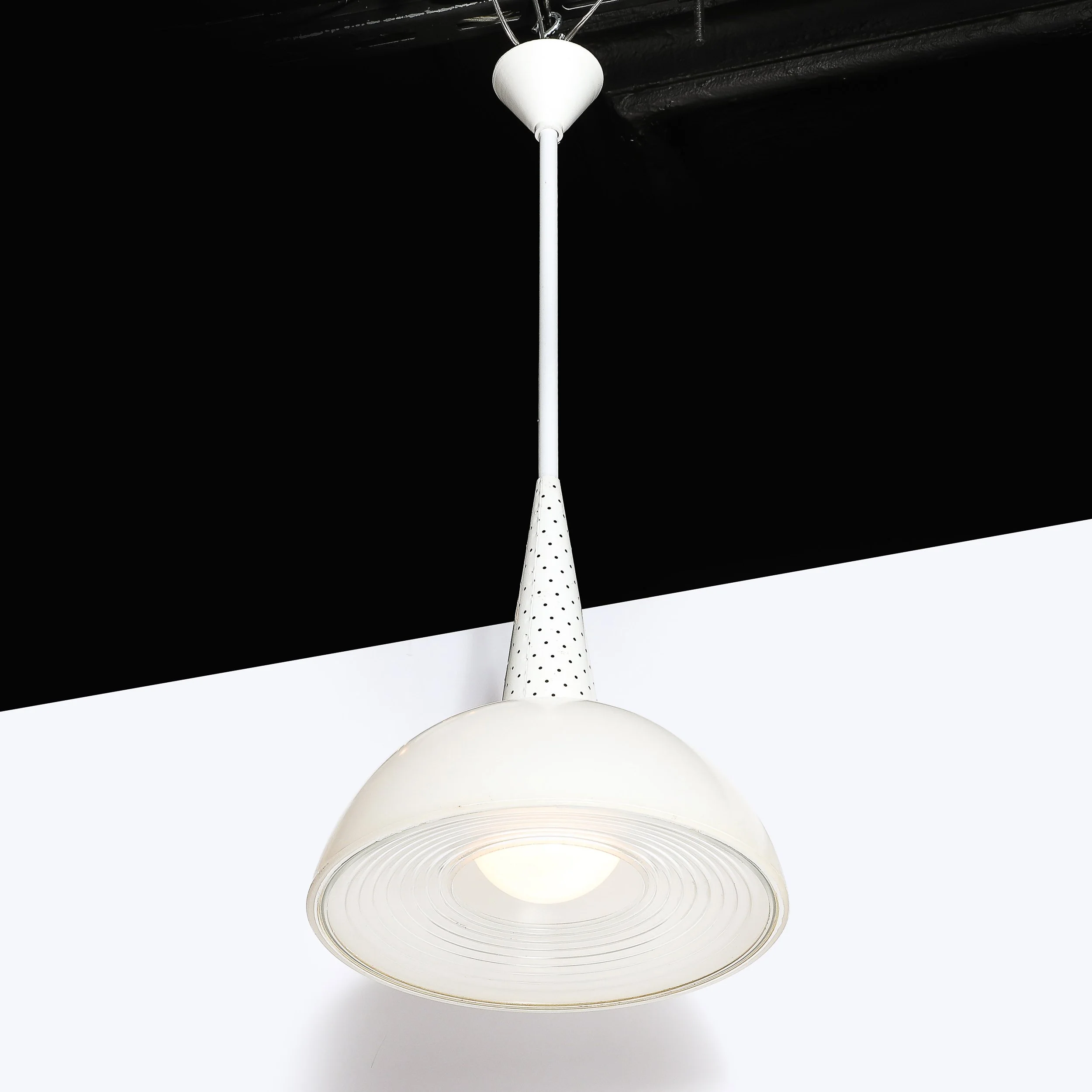 Mid-Century Aluminum, Steel & Holophane Glass Diffuser Pendant by Mathieu - High Style Deco 3.jpg