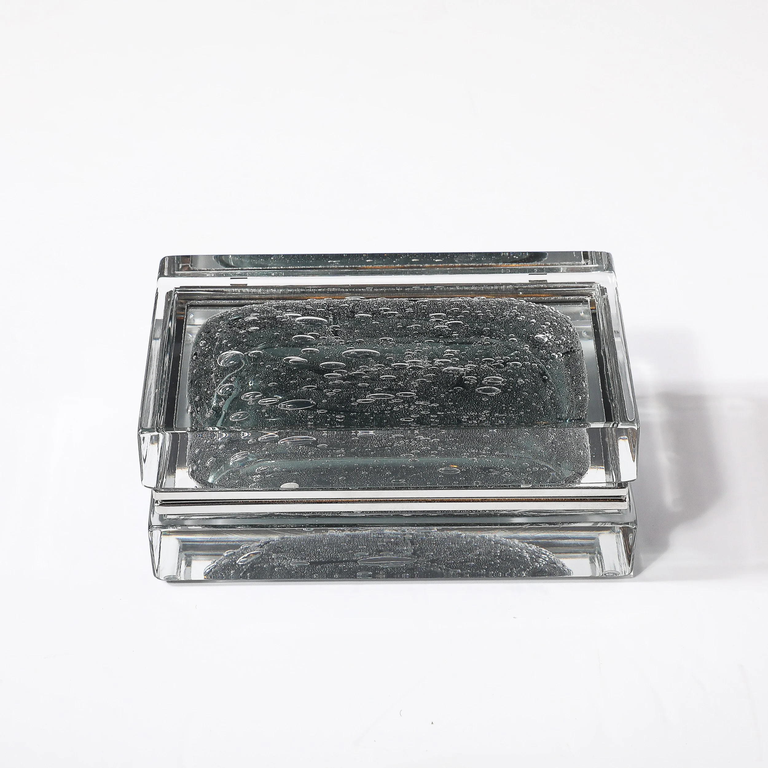 Modernist Handblown Murano Glass Box in Sage Grey W: Pulegoso Detailing & Nickel - High Style Deco 9.jpg