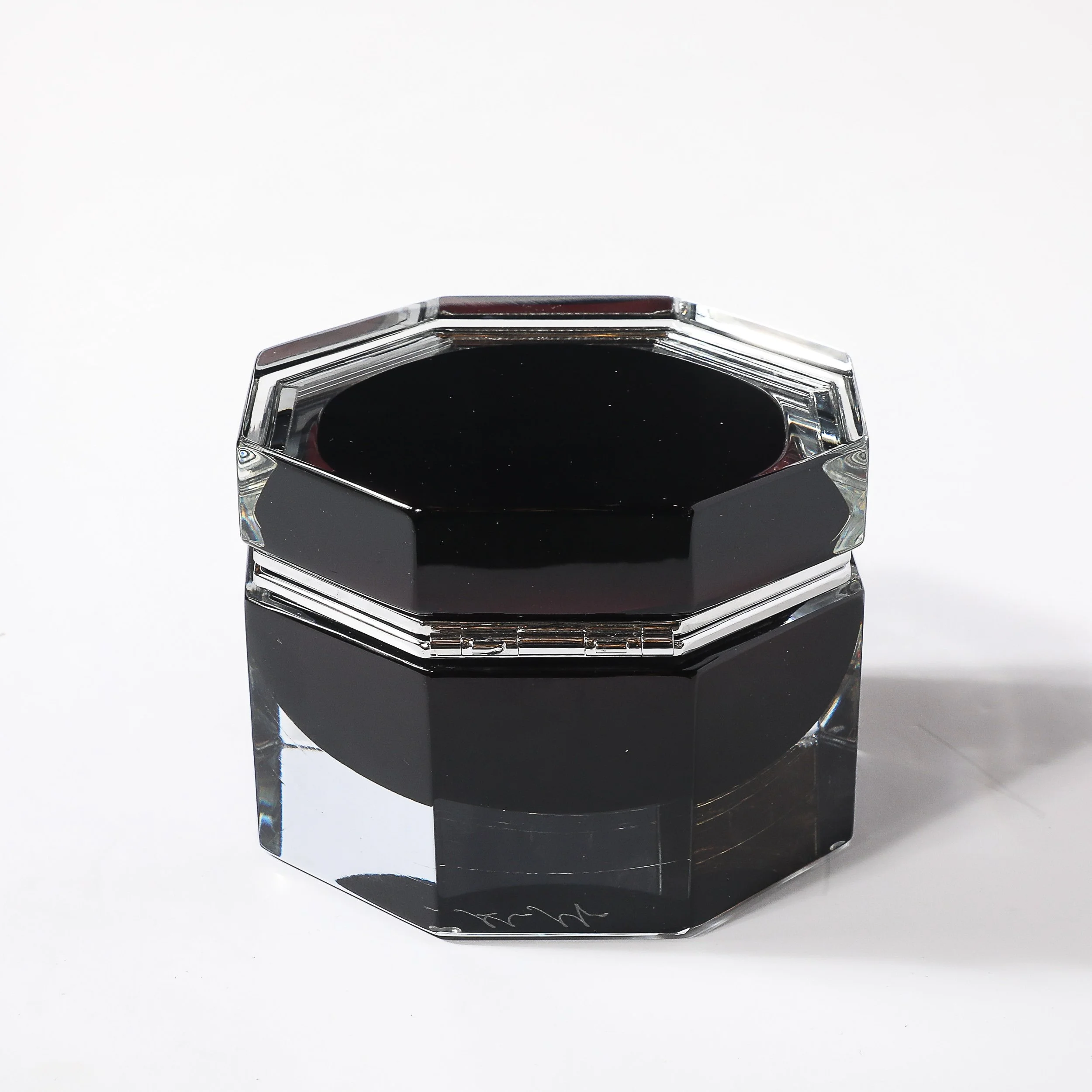 Modernist Octagonal Hand-Blown Blackened Garnet Murano Glass Box w: Nickel - High Style Deco 7.jpg